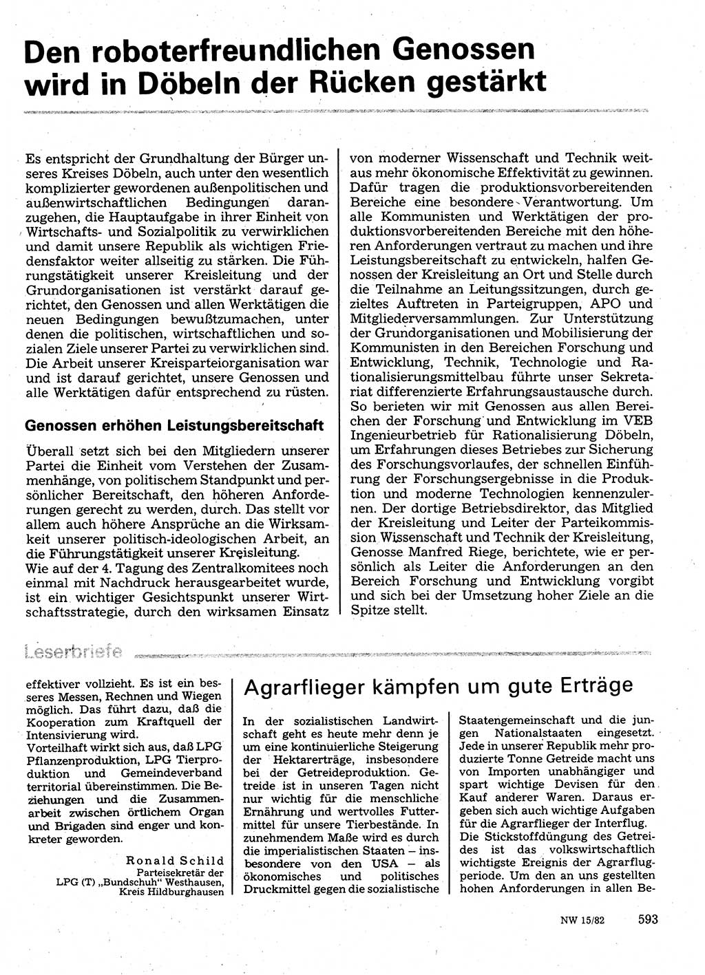 Neuer Weg (NW), Organ des Zentralkomitees (ZK) der SED (Sozialistische Einheitspartei Deutschlands) für Fragen des Parteilebens, 37. Jahrgang [Deutsche Demokratische Republik (DDR)] 1982, Seite 593 (NW ZK SED DDR 1982, S. 593)