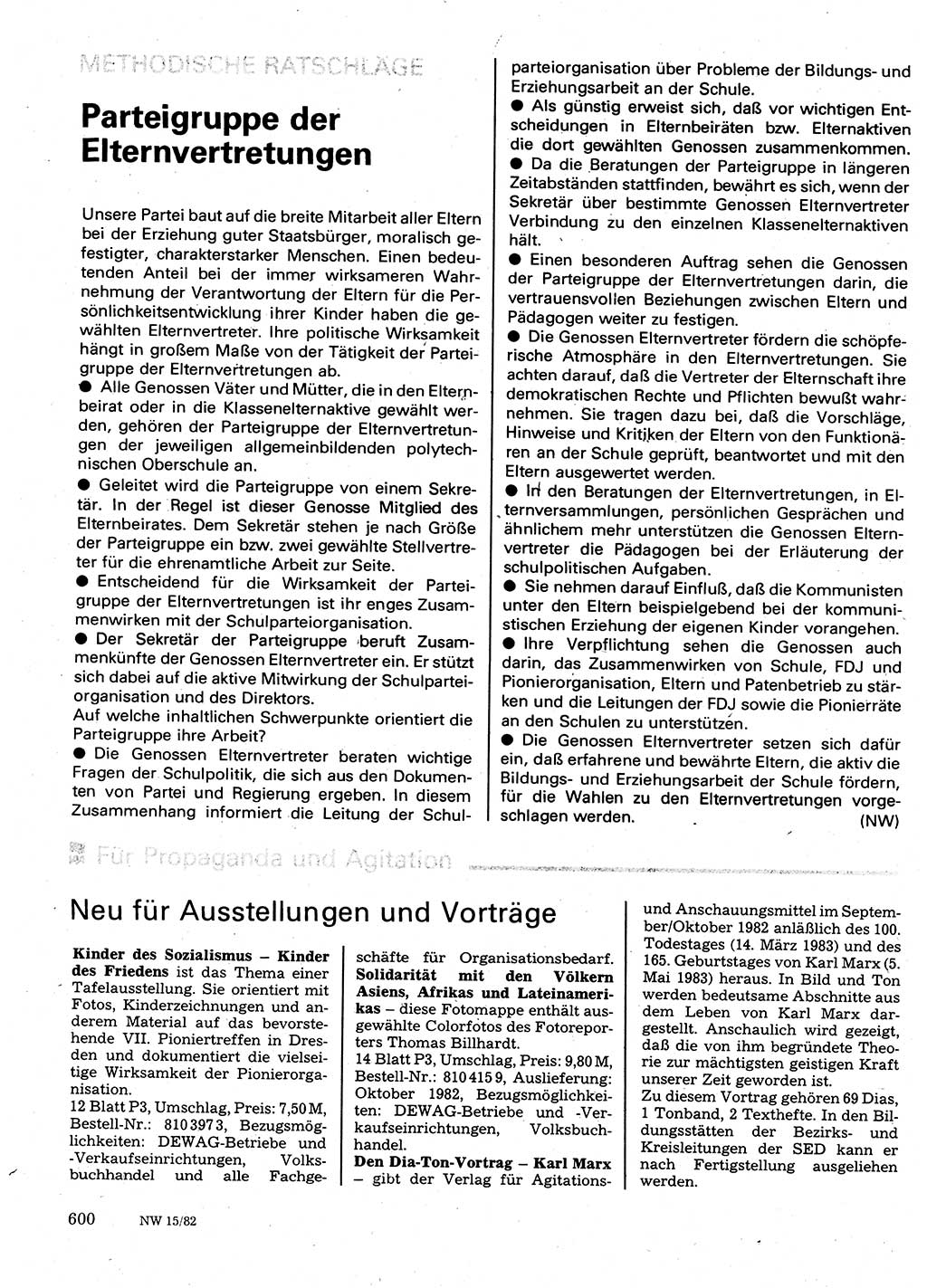 Neuer Weg (NW), Organ des Zentralkomitees (ZK) der SED (Sozialistische Einheitspartei Deutschlands) für Fragen des Parteilebens, 37. Jahrgang [Deutsche Demokratische Republik (DDR)] 1982, Seite 600 (NW ZK SED DDR 1982, S. 600)
