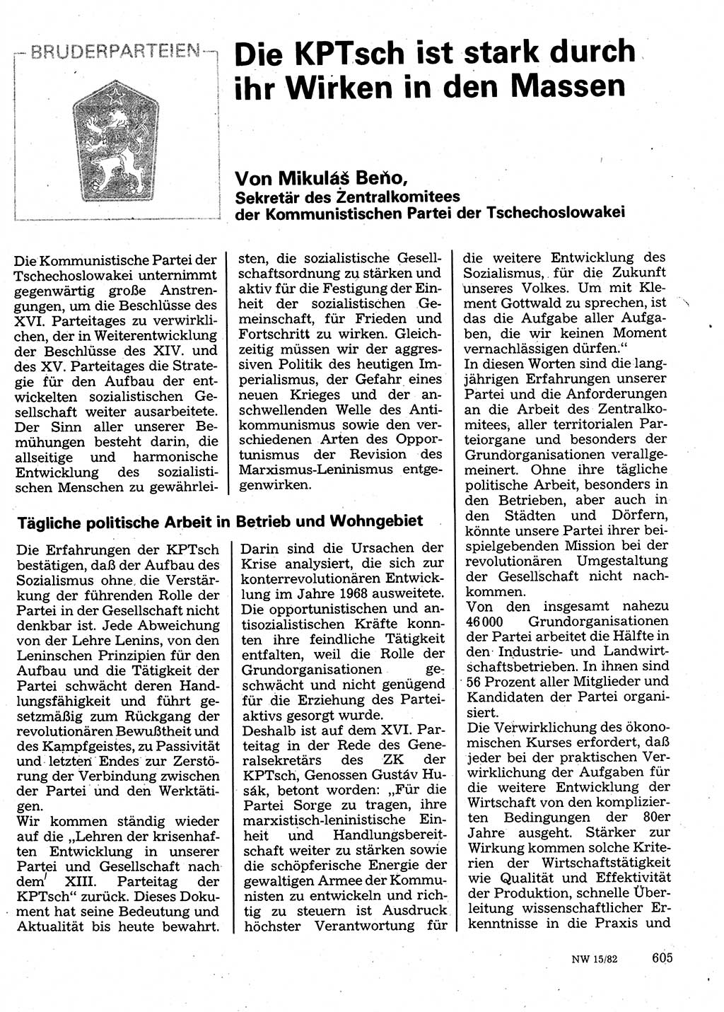 Neuer Weg (NW), Organ des Zentralkomitees (ZK) der SED (Sozialistische Einheitspartei Deutschlands) für Fragen des Parteilebens, 37. Jahrgang [Deutsche Demokratische Republik (DDR)] 1982, Seite 605 (NW ZK SED DDR 1982, S. 605)