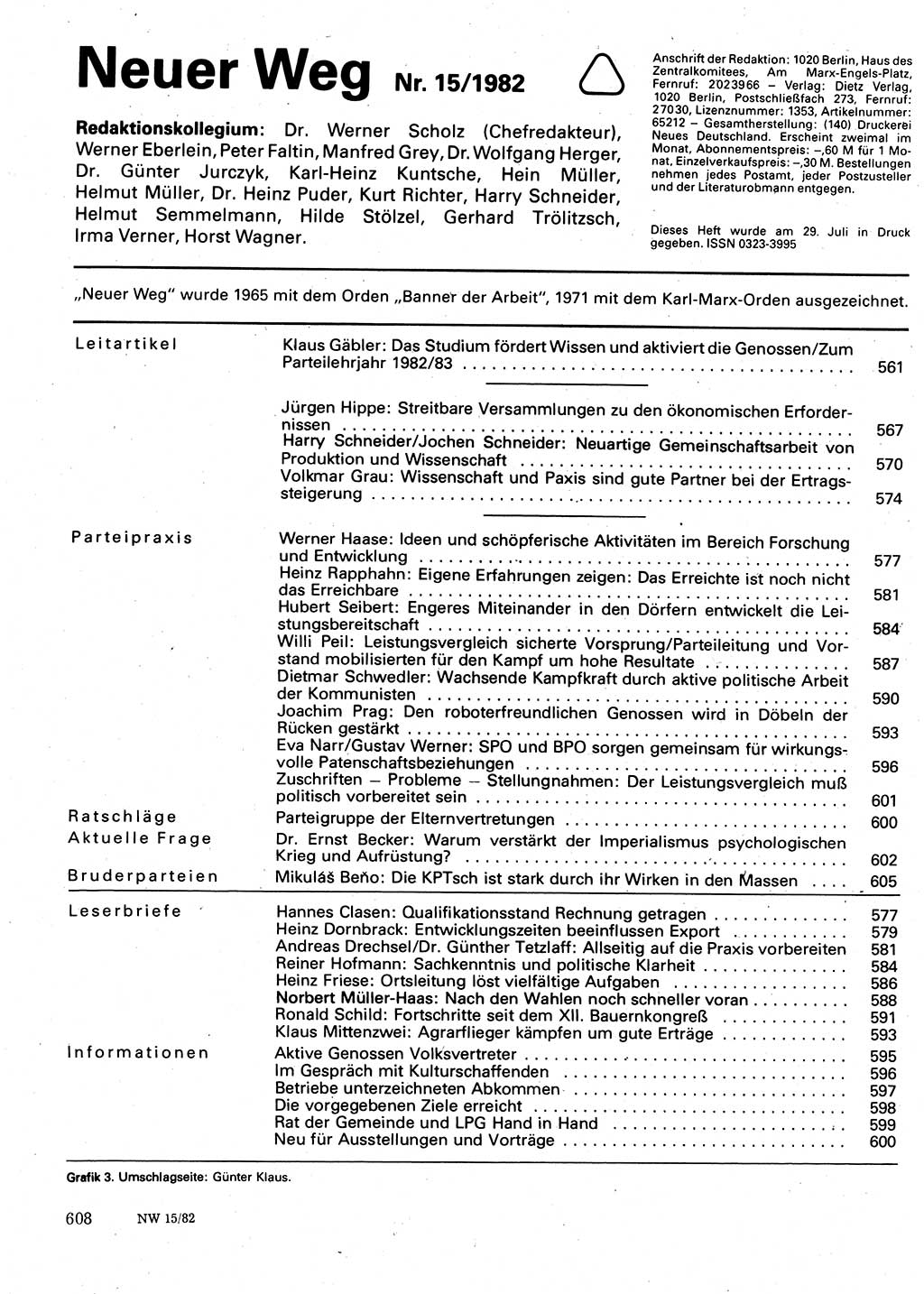 Neuer Weg (NW), Organ des Zentralkomitees (ZK) der SED (Sozialistische Einheitspartei Deutschlands) für Fragen des Parteilebens, 37. Jahrgang [Deutsche Demokratische Republik (DDR)] 1982, Seite 608 (NW ZK SED DDR 1982, S. 608)