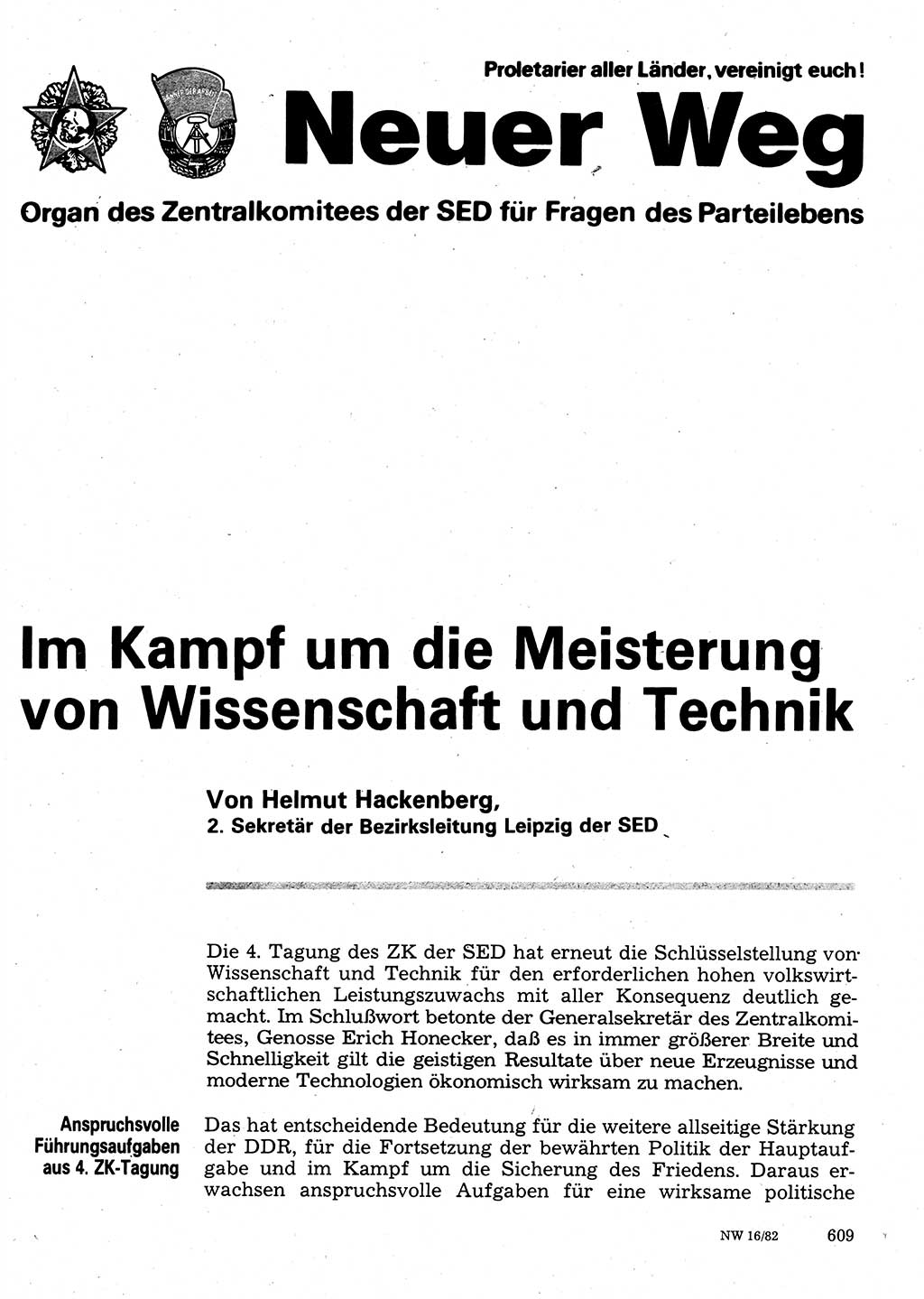 Neuer Weg (NW), Organ des Zentralkomitees (ZK) der SED (Sozialistische Einheitspartei Deutschlands) für Fragen des Parteilebens, 37. Jahrgang [Deutsche Demokratische Republik (DDR)] 1982, Seite 609 (NW ZK SED DDR 1982, S. 609)
