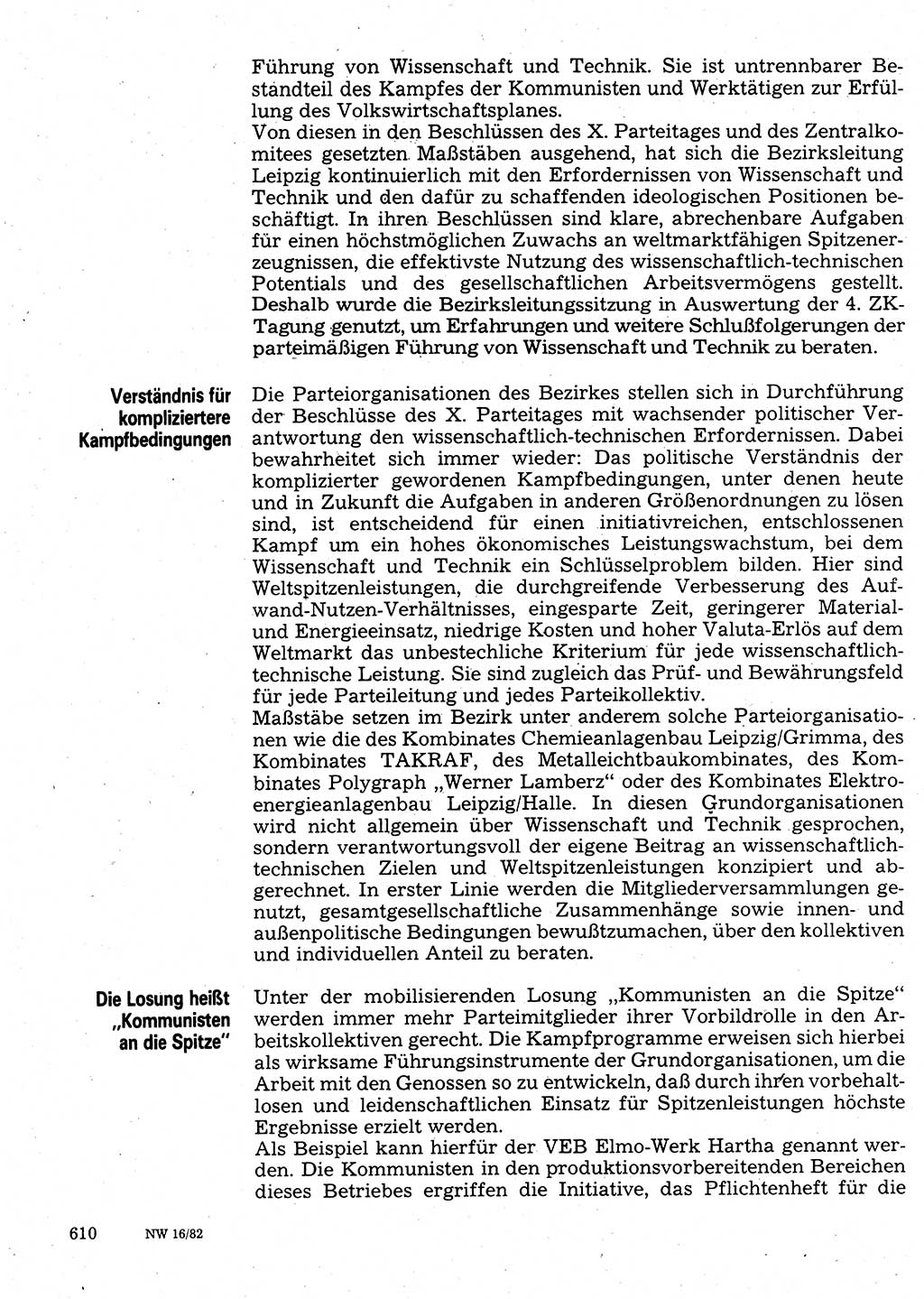 Neuer Weg (NW), Organ des Zentralkomitees (ZK) der SED (Sozialistische Einheitspartei Deutschlands) für Fragen des Parteilebens, 37. Jahrgang [Deutsche Demokratische Republik (DDR)] 1982, Seite 610 (NW ZK SED DDR 1982, S. 610)