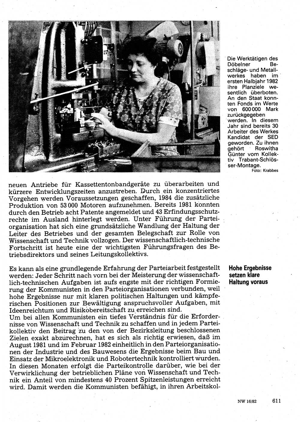 Neuer Weg (NW), Organ des Zentralkomitees (ZK) der SED (Sozialistische Einheitspartei Deutschlands) für Fragen des Parteilebens, 37. Jahrgang [Deutsche Demokratische Republik (DDR)] 1982, Seite 611 (NW ZK SED DDR 1982, S. 611)