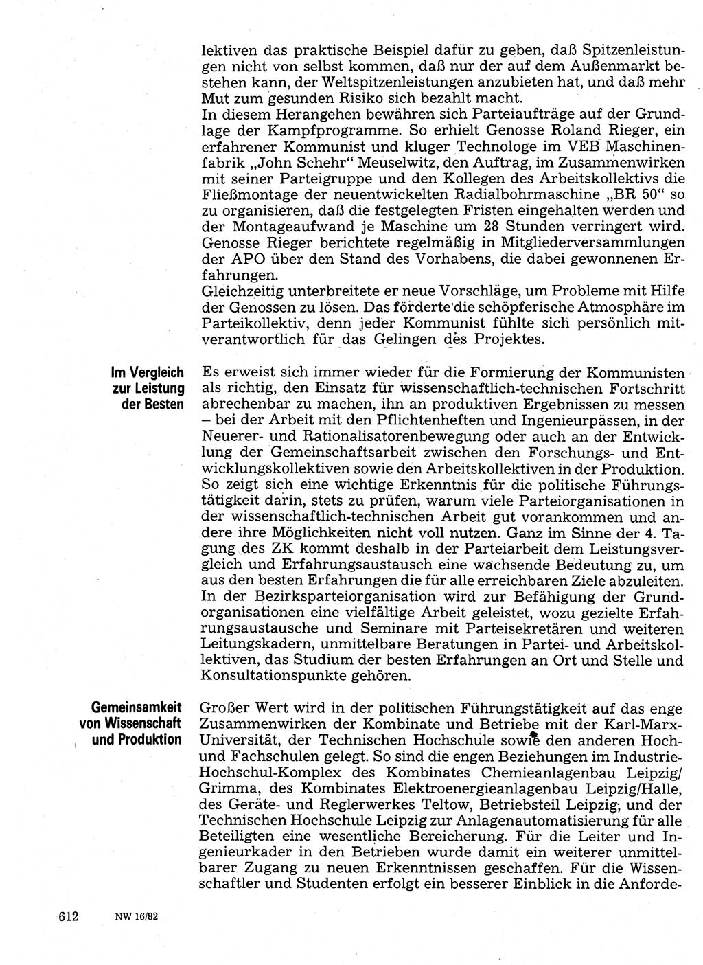 Neuer Weg (NW), Organ des Zentralkomitees (ZK) der SED (Sozialistische Einheitspartei Deutschlands) für Fragen des Parteilebens, 37. Jahrgang [Deutsche Demokratische Republik (DDR)] 1982, Seite 612 (NW ZK SED DDR 1982, S. 612)