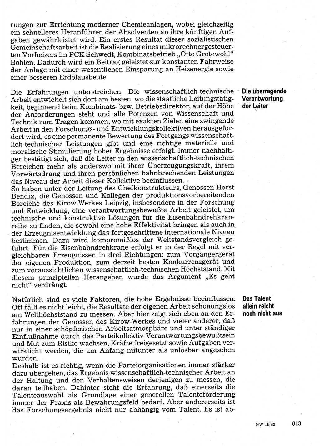 Neuer Weg (NW), Organ des Zentralkomitees (ZK) der SED (Sozialistische Einheitspartei Deutschlands) für Fragen des Parteilebens, 37. Jahrgang [Deutsche Demokratische Republik (DDR)] 1982, Seite 613 (NW ZK SED DDR 1982, S. 613)