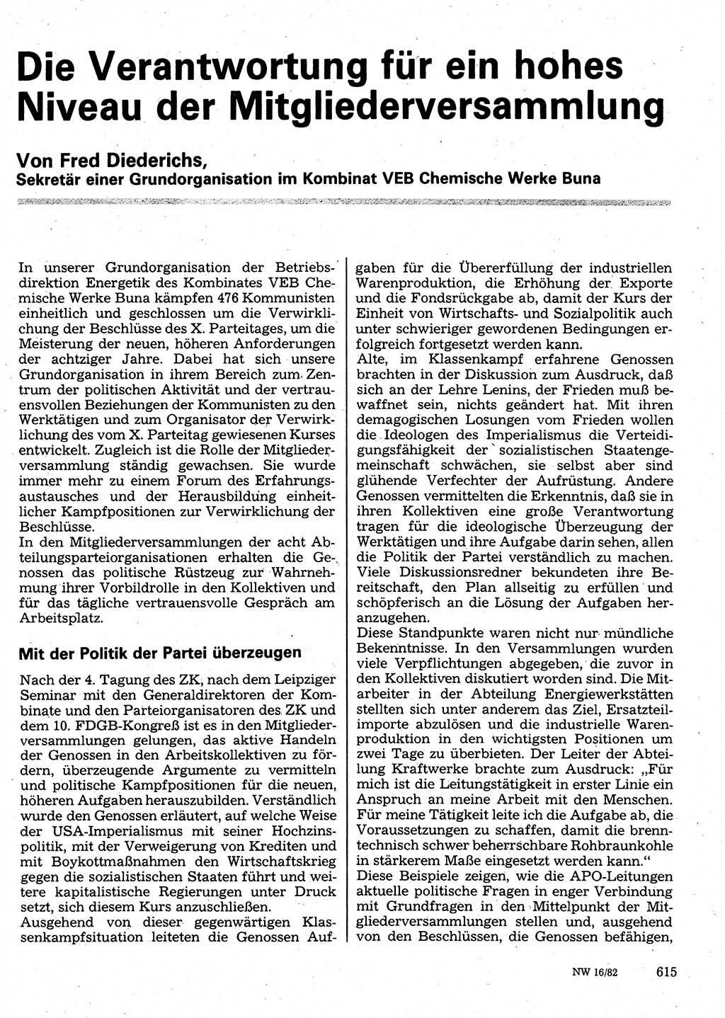 Neuer Weg (NW), Organ des Zentralkomitees (ZK) der SED (Sozialistische Einheitspartei Deutschlands) für Fragen des Parteilebens, 37. Jahrgang [Deutsche Demokratische Republik (DDR)] 1982, Seite 615 (NW ZK SED DDR 1982, S. 615)