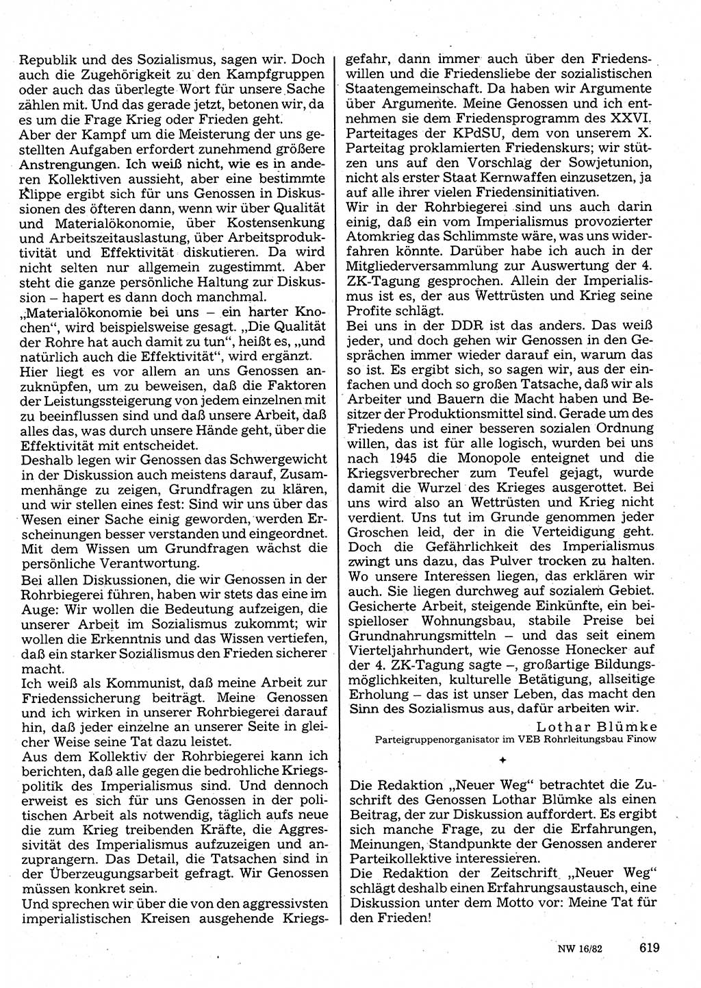 Neuer Weg (NW), Organ des Zentralkomitees (ZK) der SED (Sozialistische Einheitspartei Deutschlands) für Fragen des Parteilebens, 37. Jahrgang [Deutsche Demokratische Republik (DDR)] 1982, Seite 619 (NW ZK SED DDR 1982, S. 619)