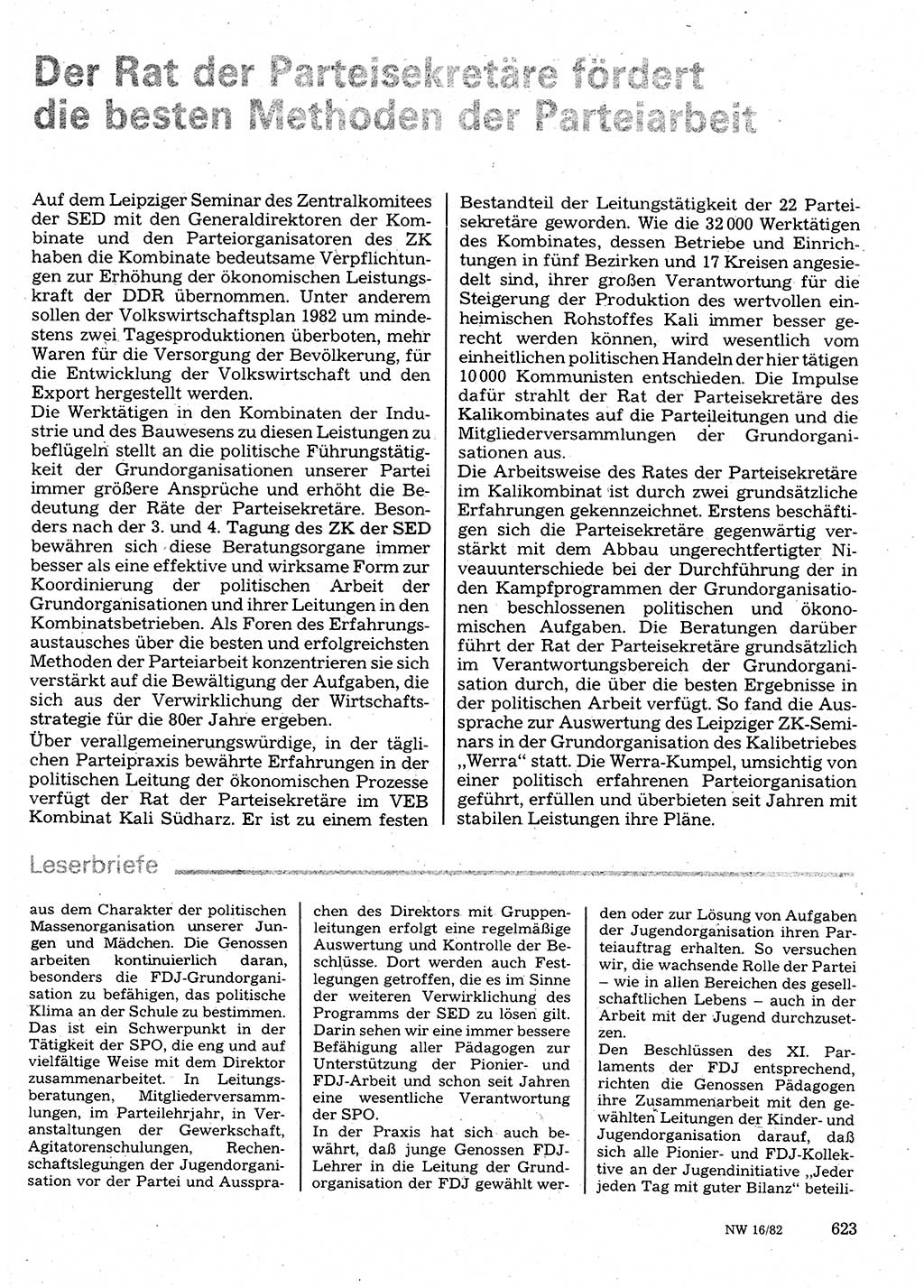 Neuer Weg (NW), Organ des Zentralkomitees (ZK) der SED (Sozialistische Einheitspartei Deutschlands) für Fragen des Parteilebens, 37. Jahrgang [Deutsche Demokratische Republik (DDR)] 1982, Seite 623 (NW ZK SED DDR 1982, S. 623)