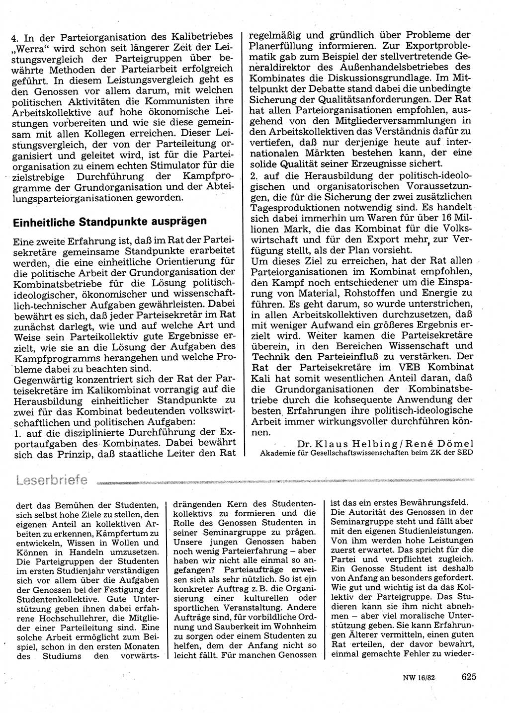 Neuer Weg (NW), Organ des Zentralkomitees (ZK) der SED (Sozialistische Einheitspartei Deutschlands) für Fragen des Parteilebens, 37. Jahrgang [Deutsche Demokratische Republik (DDR)] 1982, Seite 625 (NW ZK SED DDR 1982, S. 625)