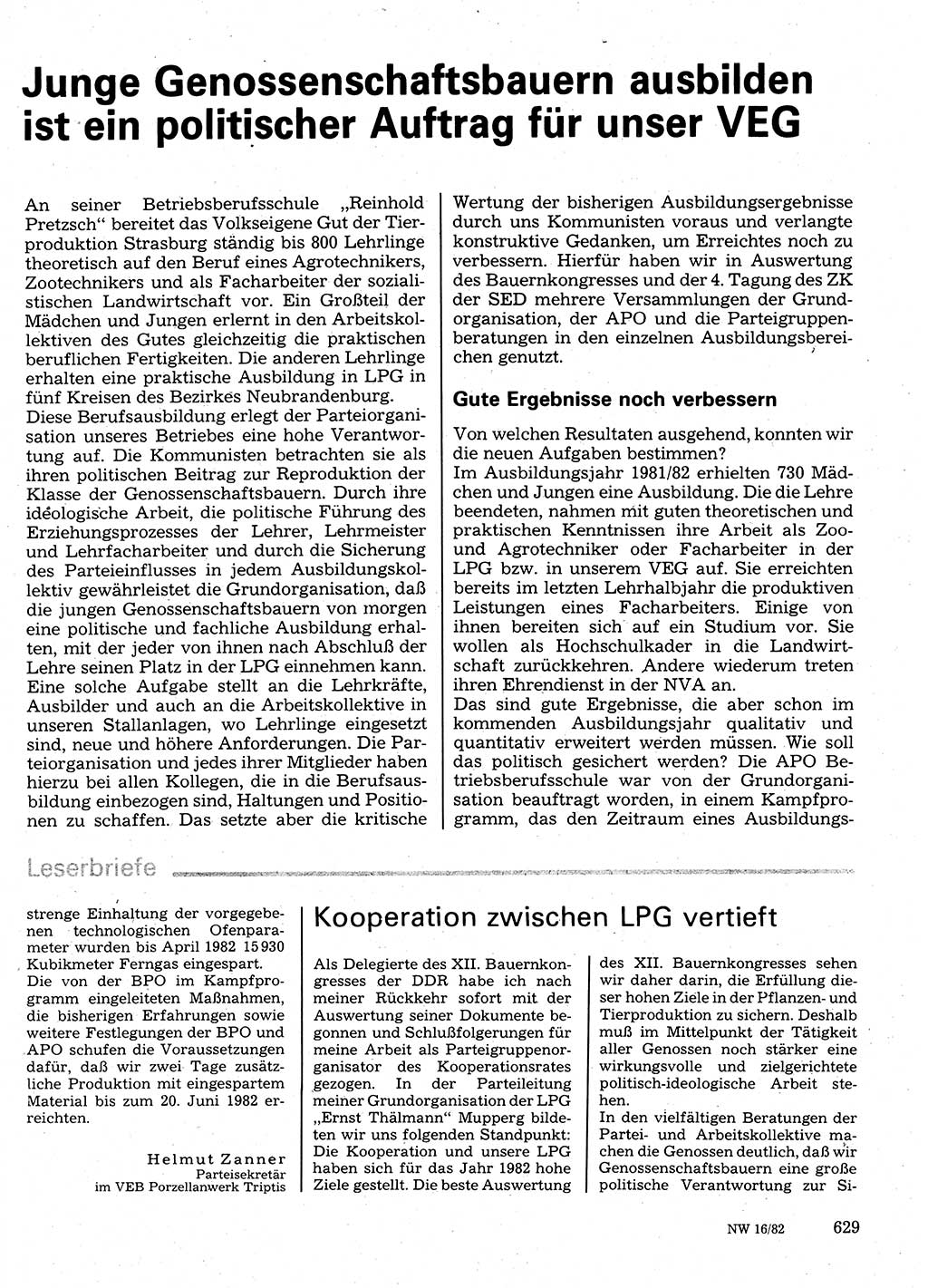 Neuer Weg (NW), Organ des Zentralkomitees (ZK) der SED (Sozialistische Einheitspartei Deutschlands) für Fragen des Parteilebens, 37. Jahrgang [Deutsche Demokratische Republik (DDR)] 1982, Seite 629 (NW ZK SED DDR 1982, S. 629)