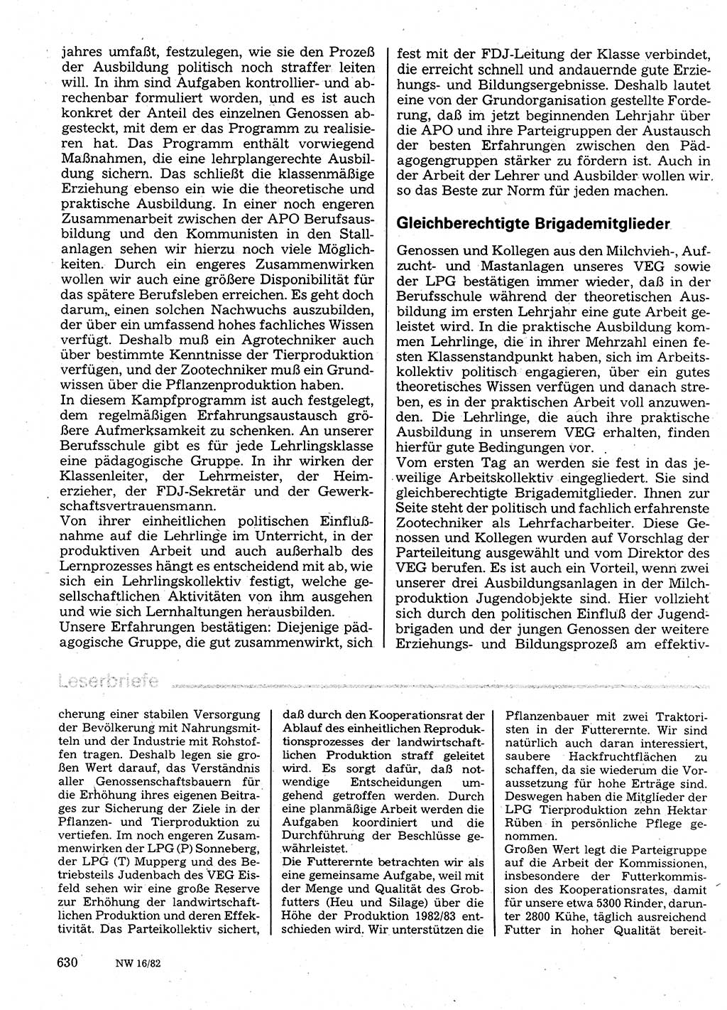 Neuer Weg (NW), Organ des Zentralkomitees (ZK) der SED (Sozialistische Einheitspartei Deutschlands) für Fragen des Parteilebens, 37. Jahrgang [Deutsche Demokratische Republik (DDR)] 1982, Seite 630 (NW ZK SED DDR 1982, S. 630)
