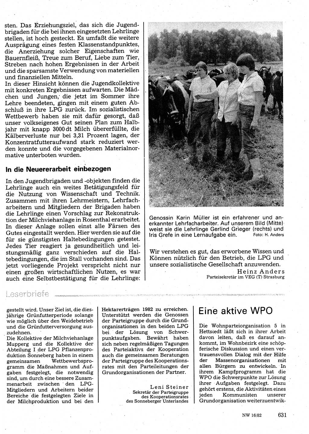 Neuer Weg (NW), Organ des Zentralkomitees (ZK) der SED (Sozialistische Einheitspartei Deutschlands) für Fragen des Parteilebens, 37. Jahrgang [Deutsche Demokratische Republik (DDR)] 1982, Seite 631 (NW ZK SED DDR 1982, S. 631)