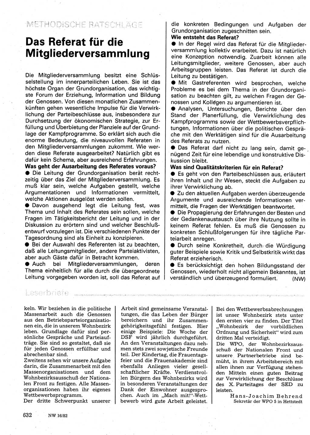 Neuer Weg (NW), Organ des Zentralkomitees (ZK) der SED (Sozialistische Einheitspartei Deutschlands) für Fragen des Parteilebens, 37. Jahrgang [Deutsche Demokratische Republik (DDR)] 1982, Seite 632 (NW ZK SED DDR 1982, S. 632)