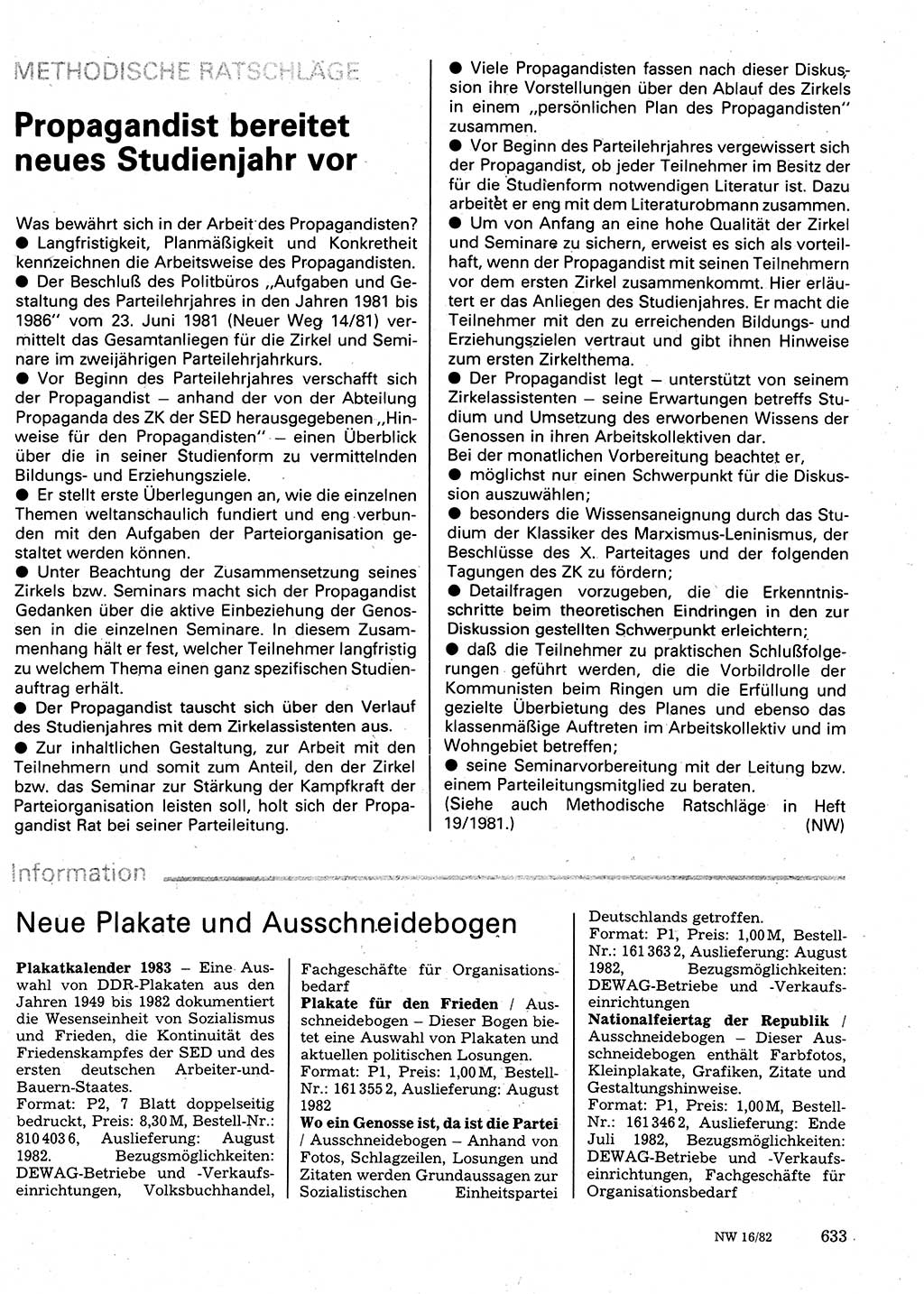 Neuer Weg (NW), Organ des Zentralkomitees (ZK) der SED (Sozialistische Einheitspartei Deutschlands) für Fragen des Parteilebens, 37. Jahrgang [Deutsche Demokratische Republik (DDR)] 1982, Seite 633 (NW ZK SED DDR 1982, S. 633)