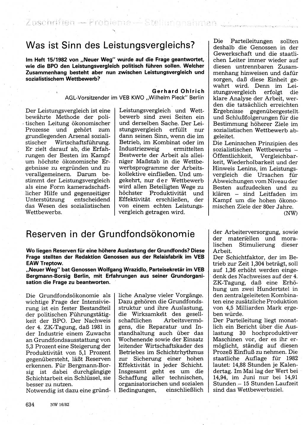 Neuer Weg (NW), Organ des Zentralkomitees (ZK) der SED (Sozialistische Einheitspartei Deutschlands) für Fragen des Parteilebens, 37. Jahrgang [Deutsche Demokratische Republik (DDR)] 1982, Seite 634 (NW ZK SED DDR 1982, S. 634)