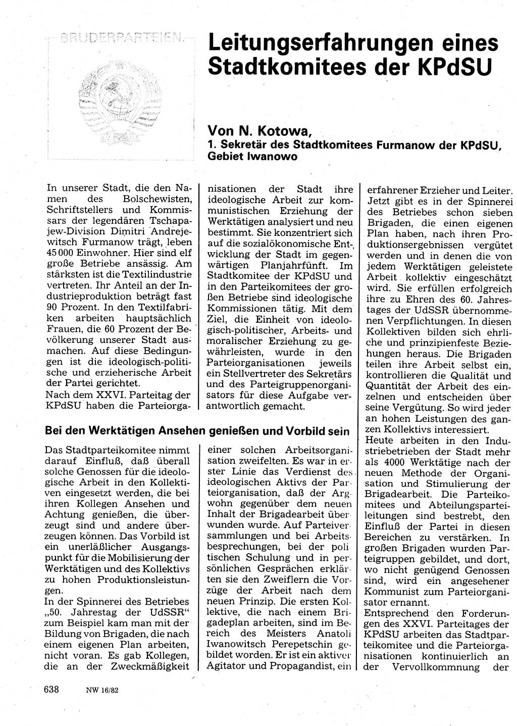 Neuer Weg (NW), Organ des Zentralkomitees (ZK) der SED (Sozialistische Einheitspartei Deutschlands) für Fragen des Parteilebens, 37. Jahrgang [Deutsche Demokratische Republik (DDR)] 1982, Seite 638 (NW ZK SED DDR 1982, S. 638)