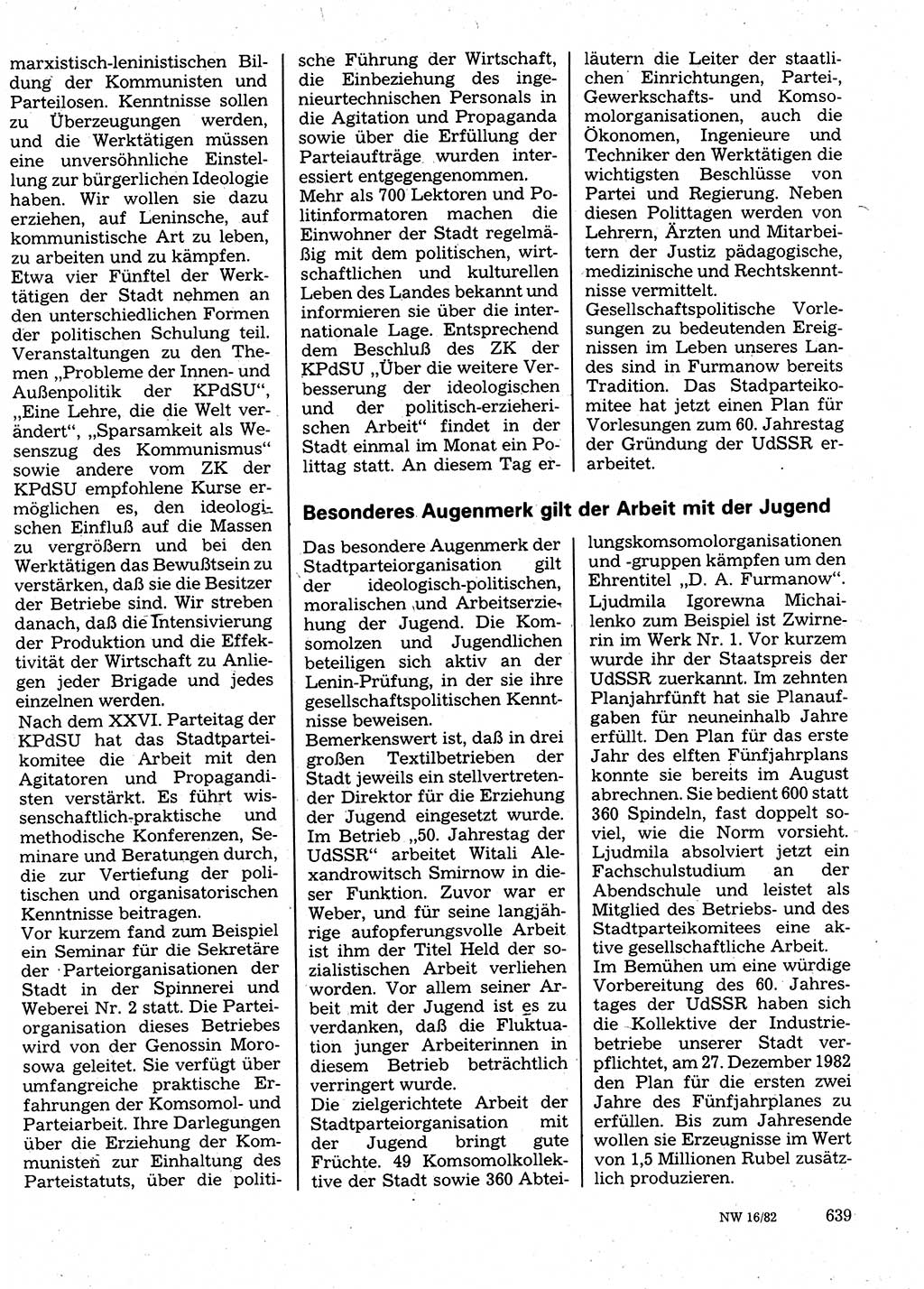 Neuer Weg (NW), Organ des Zentralkomitees (ZK) der SED (Sozialistische Einheitspartei Deutschlands) für Fragen des Parteilebens, 37. Jahrgang [Deutsche Demokratische Republik (DDR)] 1982, Seite 639 (NW ZK SED DDR 1982, S. 639)
