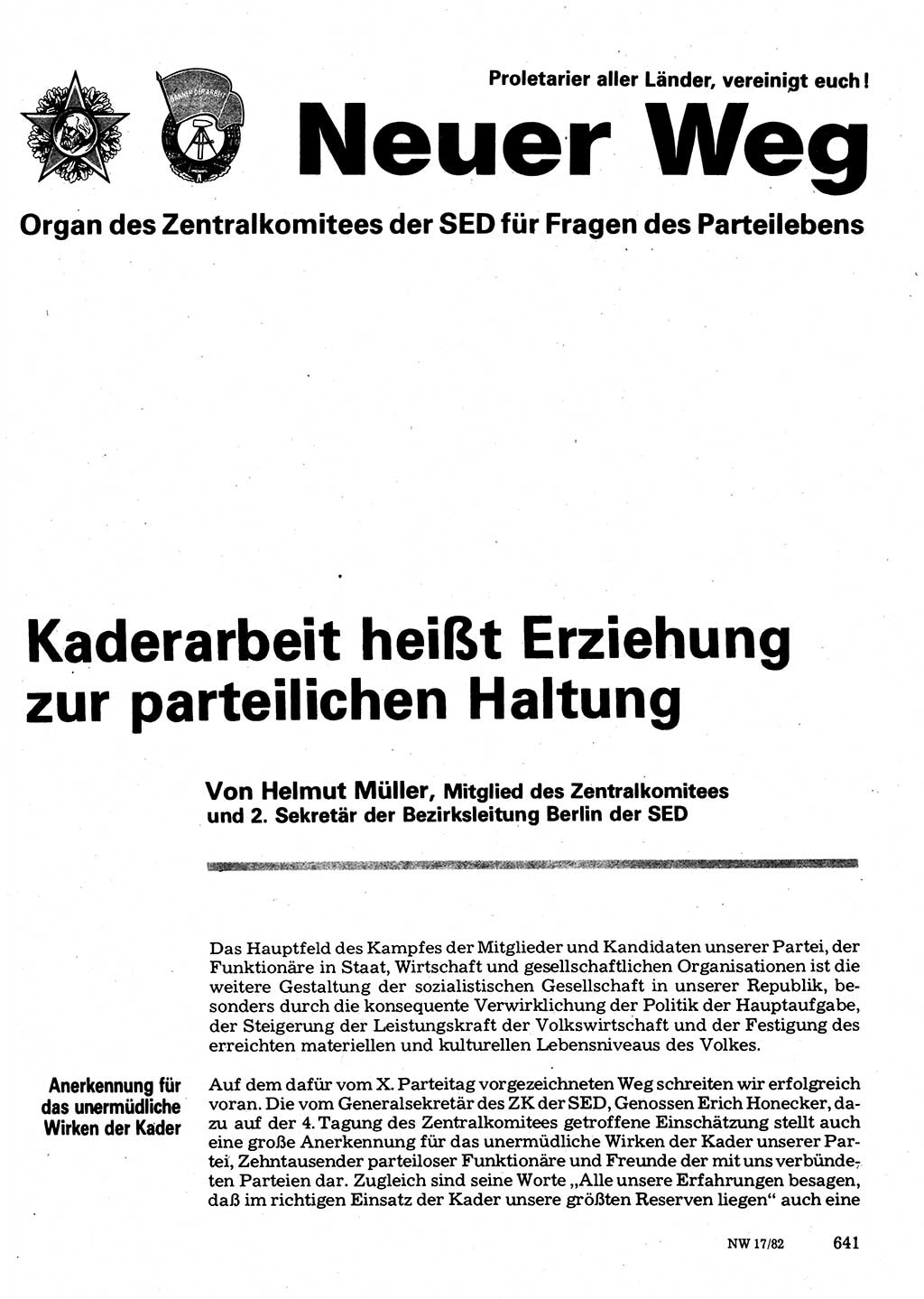 Neuer Weg (NW), Organ des Zentralkomitees (ZK) der SED (Sozialistische Einheitspartei Deutschlands) für Fragen des Parteilebens, 37. Jahrgang [Deutsche Demokratische Republik (DDR)] 1982, Seite 641 (NW ZK SED DDR 1982, S. 641)