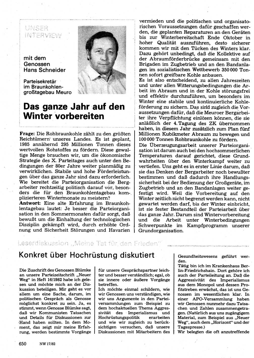 Neuer Weg (NW), Organ des Zentralkomitees (ZK) der SED (Sozialistische Einheitspartei Deutschlands) für Fragen des Parteilebens, 37. Jahrgang [Deutsche Demokratische Republik (DDR)] 1982, Seite 650 (NW ZK SED DDR 1982, S. 650)