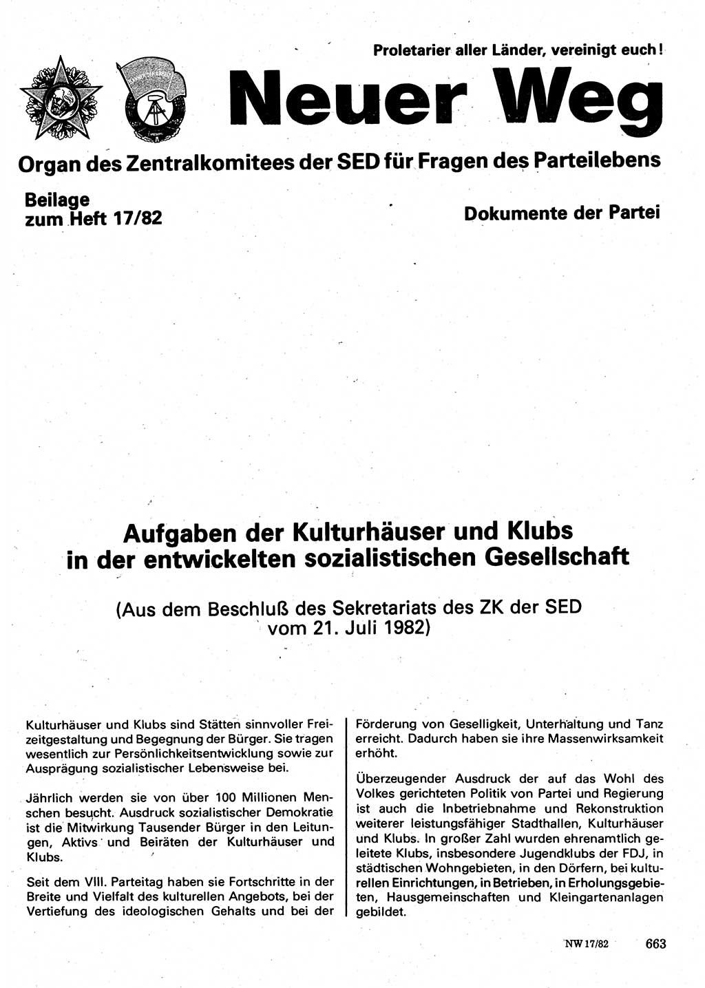 Neuer Weg (NW), Organ des Zentralkomitees (ZK) der SED (Sozialistische Einheitspartei Deutschlands) für Fragen des Parteilebens, 37. Jahrgang [Deutsche Demokratische Republik (DDR)] 1982, Seite 663 (NW ZK SED DDR 1982, S. 663)