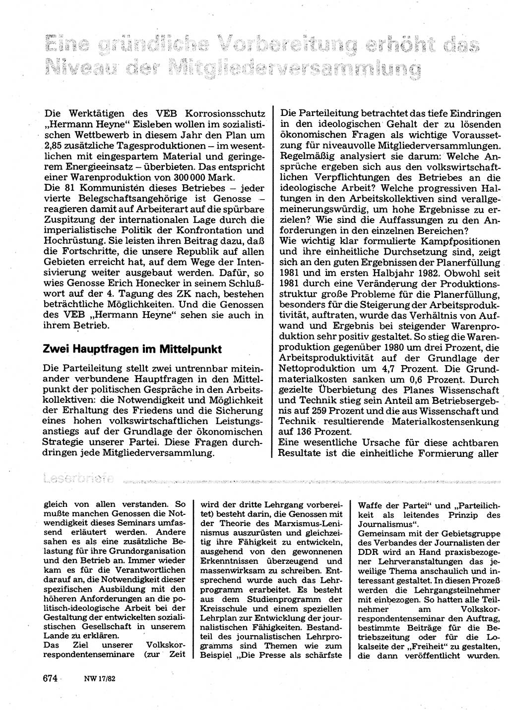 Neuer Weg (NW), Organ des Zentralkomitees (ZK) der SED (Sozialistische Einheitspartei Deutschlands) für Fragen des Parteilebens, 37. Jahrgang [Deutsche Demokratische Republik (DDR)] 1982, Seite 674 (NW ZK SED DDR 1982, S. 674)