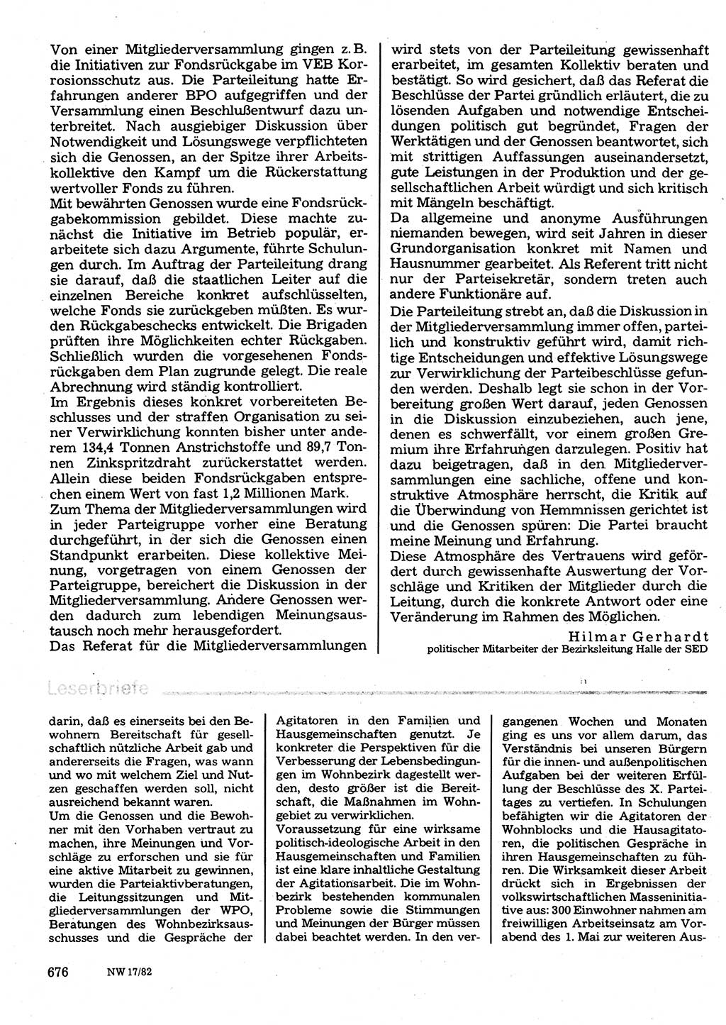 Neuer Weg (NW), Organ des Zentralkomitees (ZK) der SED (Sozialistische Einheitspartei Deutschlands) für Fragen des Parteilebens, 37. Jahrgang [Deutsche Demokratische Republik (DDR)] 1982, Seite 676 (NW ZK SED DDR 1982, S. 676)