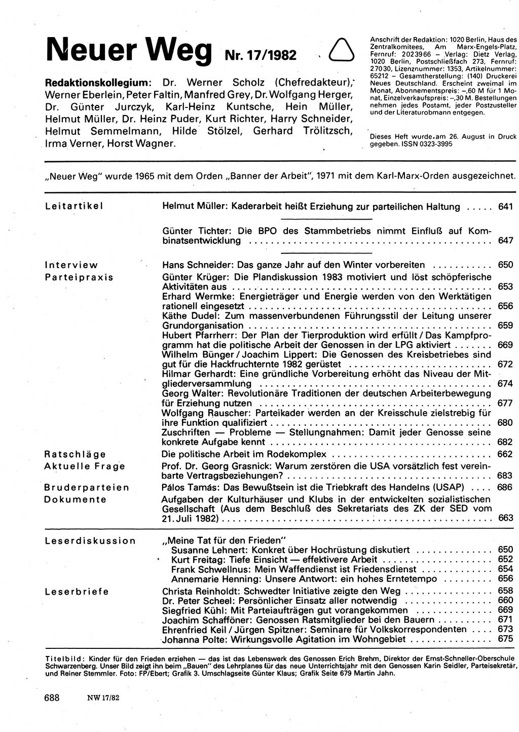 Neuer Weg (NW), Organ des Zentralkomitees (ZK) der SED (Sozialistische Einheitspartei Deutschlands) für Fragen des Parteilebens, 37. Jahrgang [Deutsche Demokratische Republik (DDR)] 1982, Seite 688 (NW ZK SED DDR 1982, S. 688)