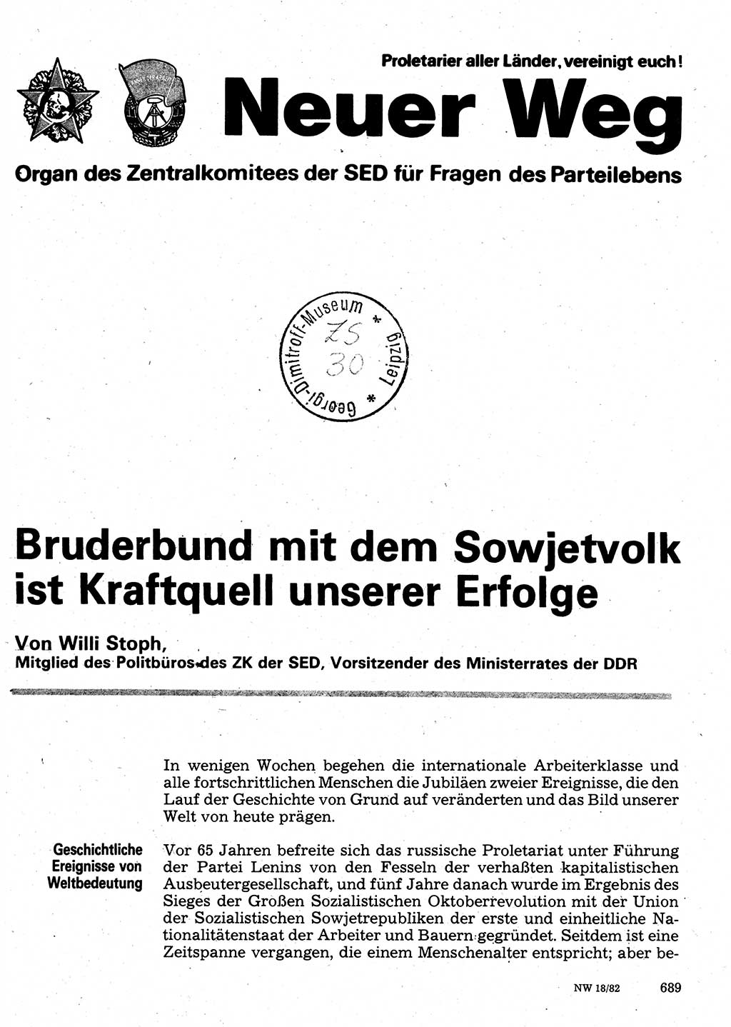 Neuer Weg (NW), Organ des Zentralkomitees (ZK) der SED (Sozialistische Einheitspartei Deutschlands) für Fragen des Parteilebens, 37. Jahrgang [Deutsche Demokratische Republik (DDR)] 1982, Seite 689 (NW ZK SED DDR 1982, S. 689)