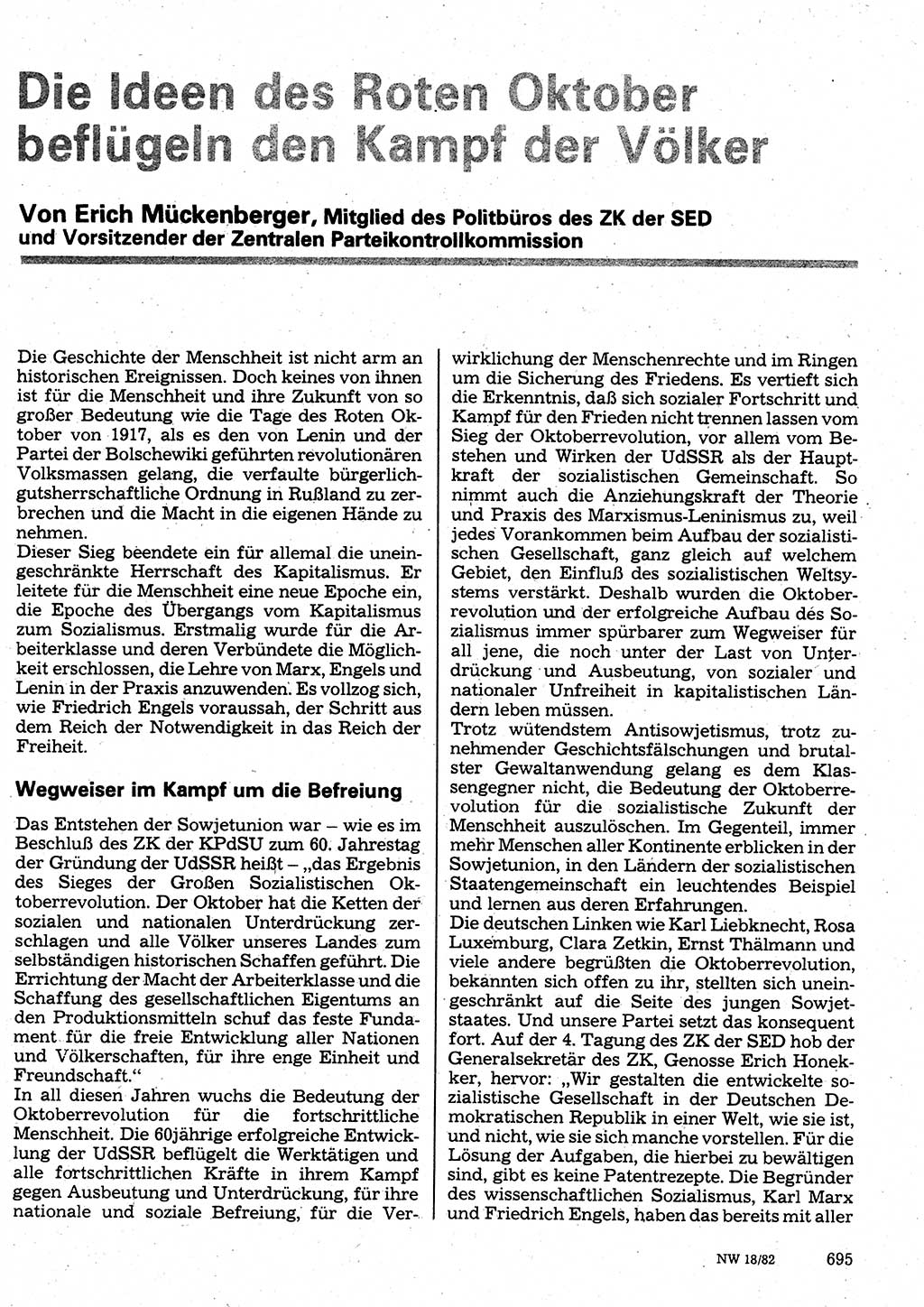 Neuer Weg (NW), Organ des Zentralkomitees (ZK) der SED (Sozialistische Einheitspartei Deutschlands) für Fragen des Parteilebens, 37. Jahrgang [Deutsche Demokratische Republik (DDR)] 1982, Seite 695 (NW ZK SED DDR 1982, S. 695)