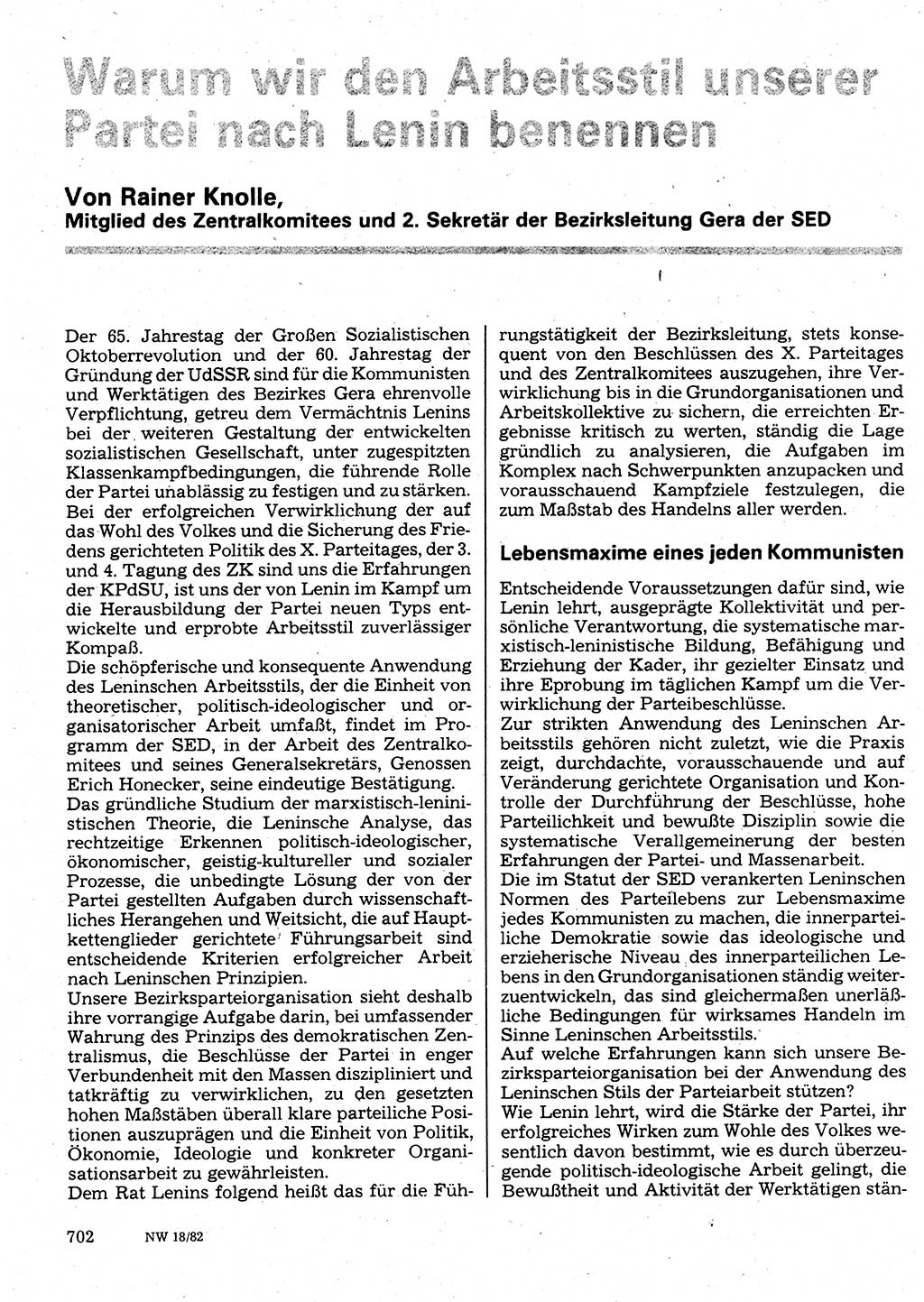 Neuer Weg (NW), Organ des Zentralkomitees (ZK) der SED (Sozialistische Einheitspartei Deutschlands) für Fragen des Parteilebens, 37. Jahrgang [Deutsche Demokratische Republik (DDR)] 1982, Seite 702 (NW ZK SED DDR 1982, S. 702)