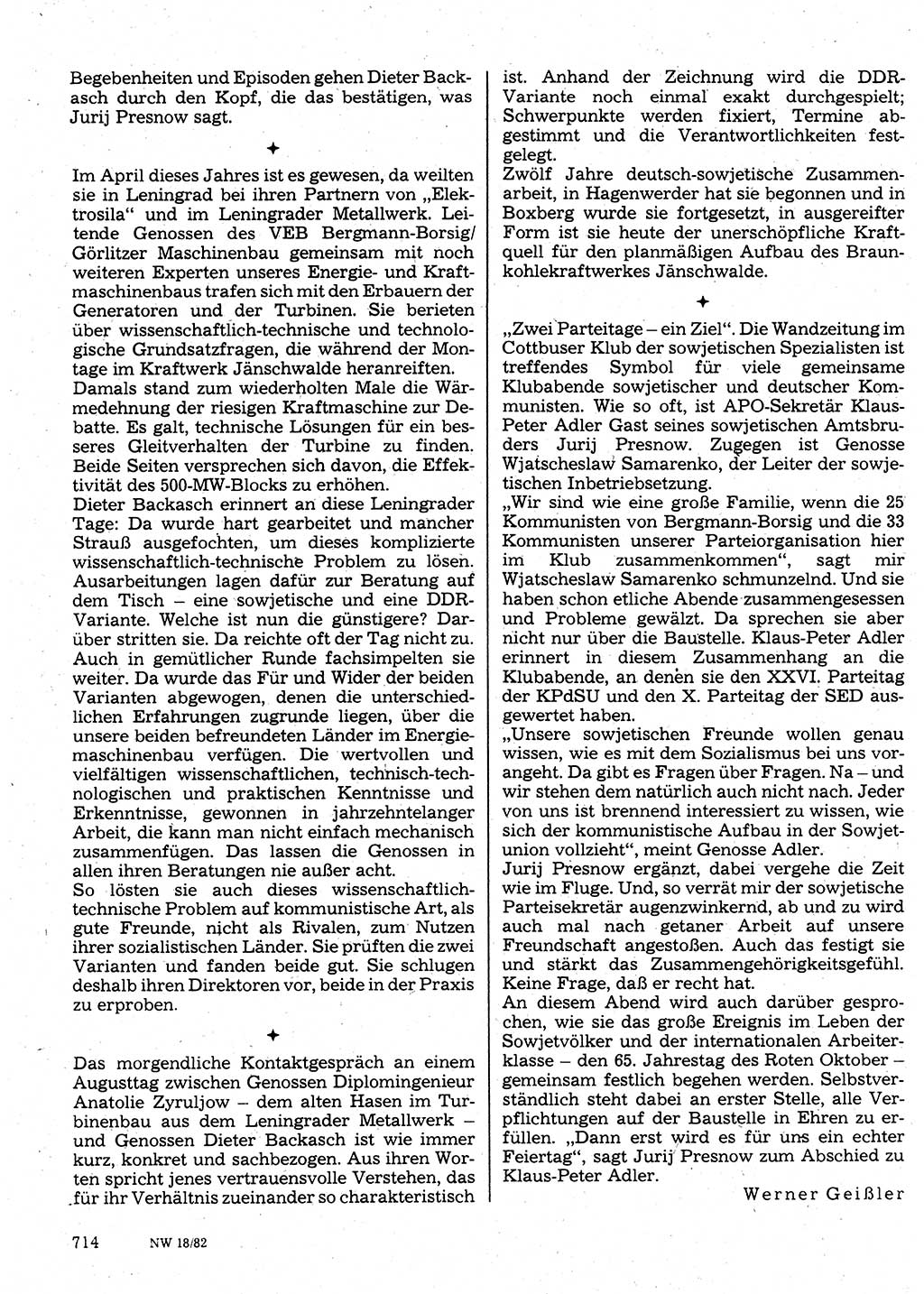 Neuer Weg (NW), Organ des Zentralkomitees (ZK) der SED (Sozialistische Einheitspartei Deutschlands) für Fragen des Parteilebens, 37. Jahrgang [Deutsche Demokratische Republik (DDR)] 1982, Seite 714 (NW ZK SED DDR 1982, S. 714)