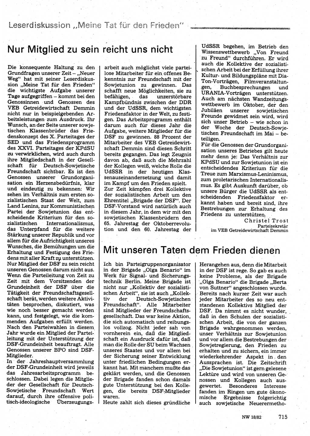 Neuer Weg (NW), Organ des Zentralkomitees (ZK) der SED (Sozialistische Einheitspartei Deutschlands) für Fragen des Parteilebens, 37. Jahrgang [Deutsche Demokratische Republik (DDR)] 1982, Seite 715 (NW ZK SED DDR 1982, S. 715)