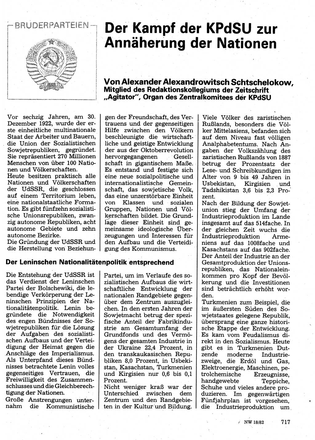 Neuer Weg (NW), Organ des Zentralkomitees (ZK) der SED (Sozialistische Einheitspartei Deutschlands) für Fragen des Parteilebens, 37. Jahrgang [Deutsche Demokratische Republik (DDR)] 1982, Seite 717 (NW ZK SED DDR 1982, S. 717)