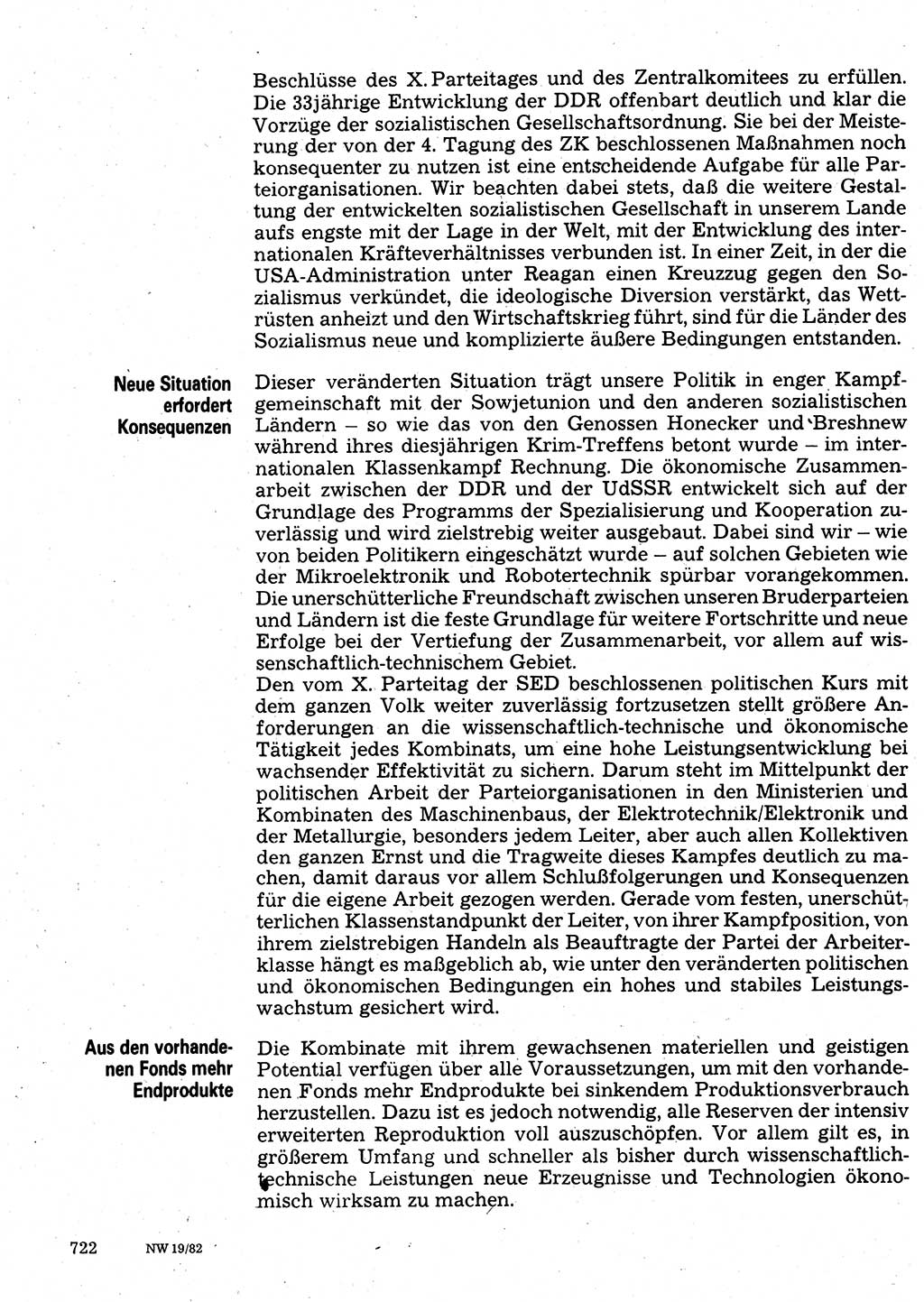 Neuer Weg (NW), Organ des Zentralkomitees (ZK) der SED (Sozialistische Einheitspartei Deutschlands) für Fragen des Parteilebens, 37. Jahrgang [Deutsche Demokratische Republik (DDR)] 1982, Seite 722 (NW ZK SED DDR 1982, S. 722)