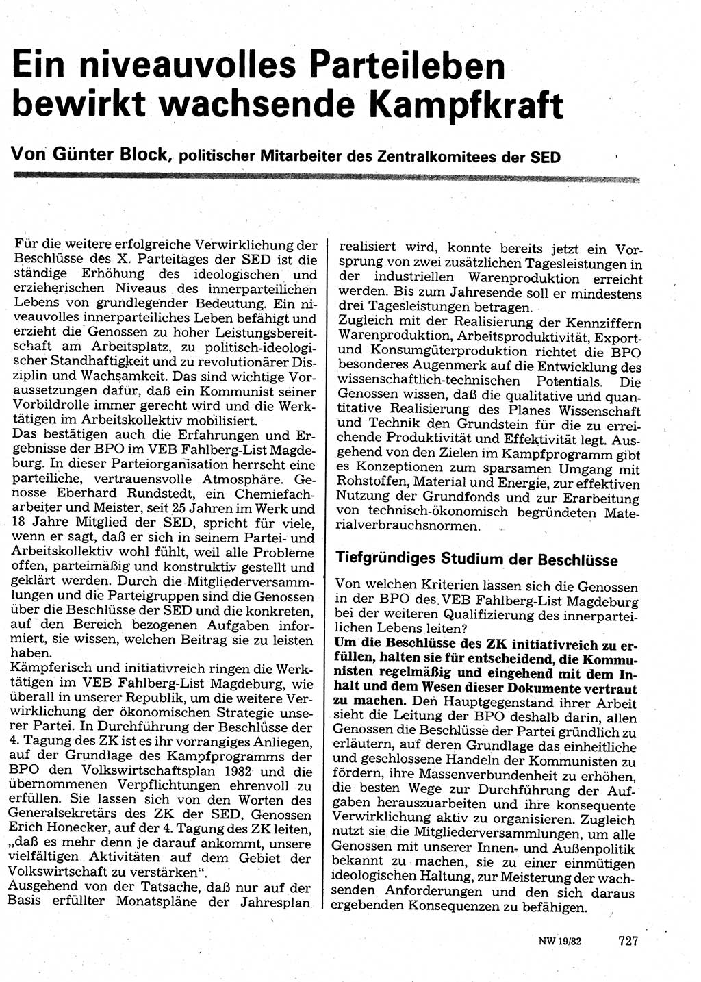 Neuer Weg (NW), Organ des Zentralkomitees (ZK) der SED (Sozialistische Einheitspartei Deutschlands) für Fragen des Parteilebens, 37. Jahrgang [Deutsche Demokratische Republik (DDR)] 1982, Seite 727 (NW ZK SED DDR 1982, S. 727)