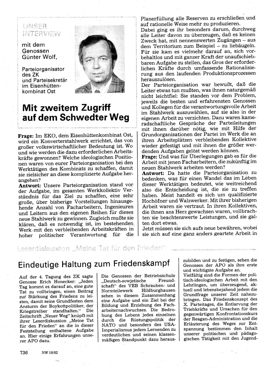 Neuer Weg (NW), Organ des Zentralkomitees (ZK) der SED (Sozialistische Einheitspartei Deutschlands) für Fragen des Parteilebens, 37. Jahrgang [Deutsche Demokratische Republik (DDR)] 1982, Seite 736 (NW ZK SED DDR 1982, S. 736)