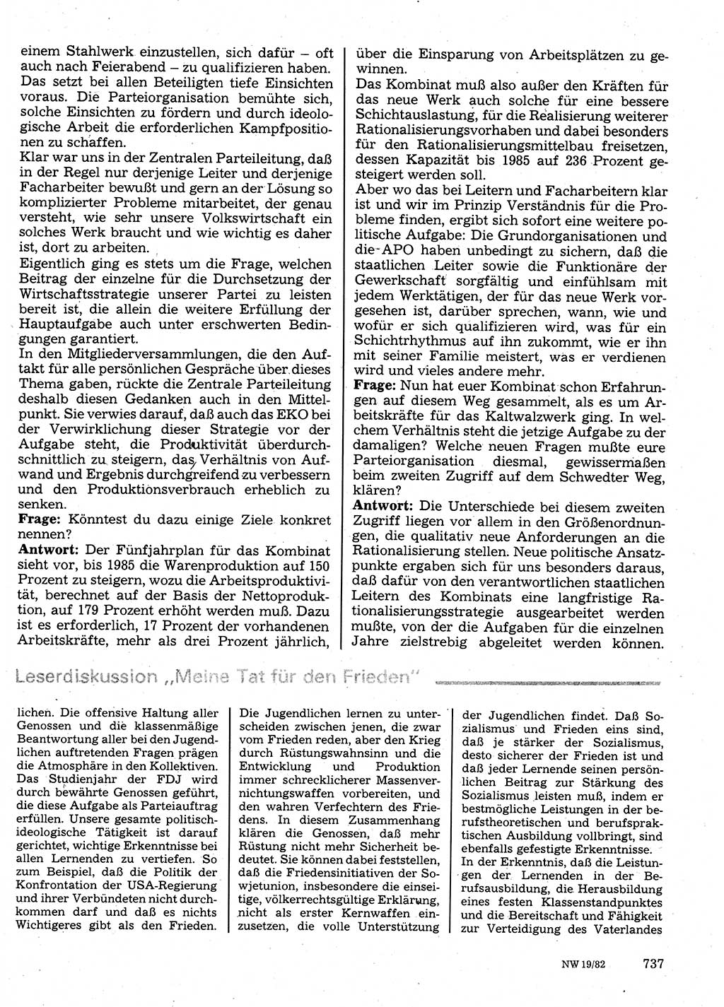 Neuer Weg (NW), Organ des Zentralkomitees (ZK) der SED (Sozialistische Einheitspartei Deutschlands) für Fragen des Parteilebens, 37. Jahrgang [Deutsche Demokratische Republik (DDR)] 1982, Seite 737 (NW ZK SED DDR 1982, S. 737)