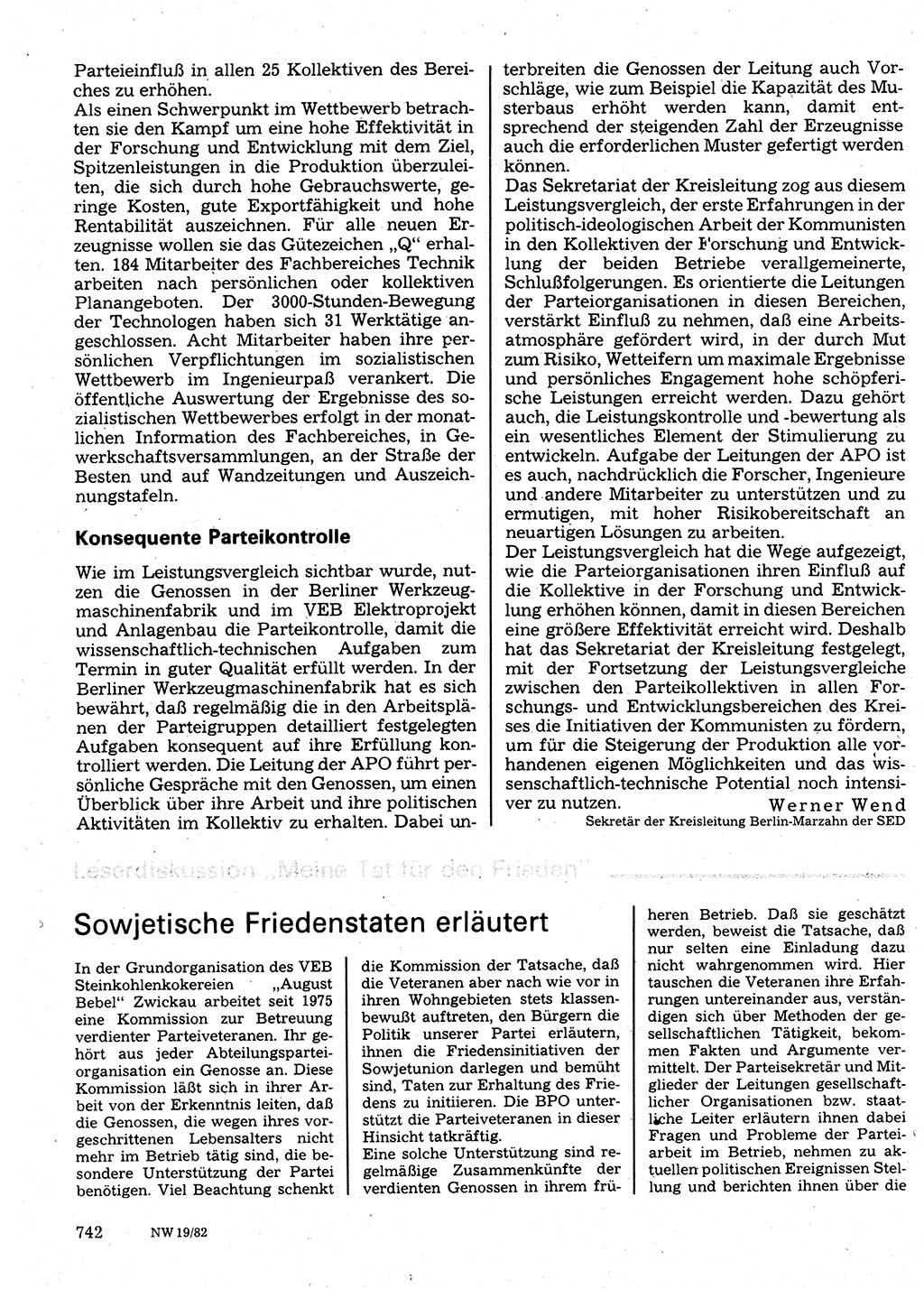 Neuer Weg (NW), Organ des Zentralkomitees (ZK) der SED (Sozialistische Einheitspartei Deutschlands) für Fragen des Parteilebens, 37. Jahrgang [Deutsche Demokratische Republik (DDR)] 1982, Seite 742 (NW ZK SED DDR 1982, S. 742)