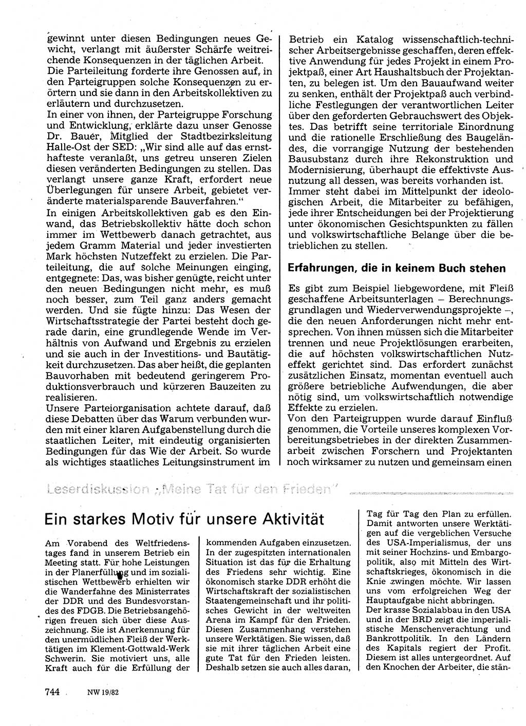 Neuer Weg (NW), Organ des Zentralkomitees (ZK) der SED (Sozialistische Einheitspartei Deutschlands) für Fragen des Parteilebens, 37. Jahrgang [Deutsche Demokratische Republik (DDR)] 1982, Seite 744 (NW ZK SED DDR 1982, S. 744)