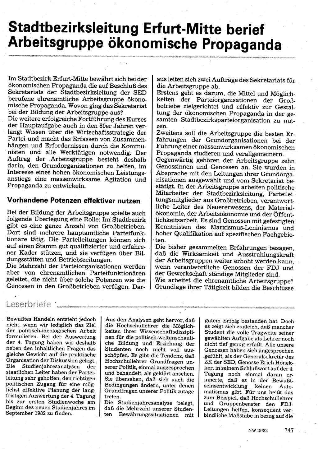 Neuer Weg (NW), Organ des Zentralkomitees (ZK) der SED (Sozialistische Einheitspartei Deutschlands) für Fragen des Parteilebens, 37. Jahrgang [Deutsche Demokratische Republik (DDR)] 1982, Seite 747 (NW ZK SED DDR 1982, S. 747)