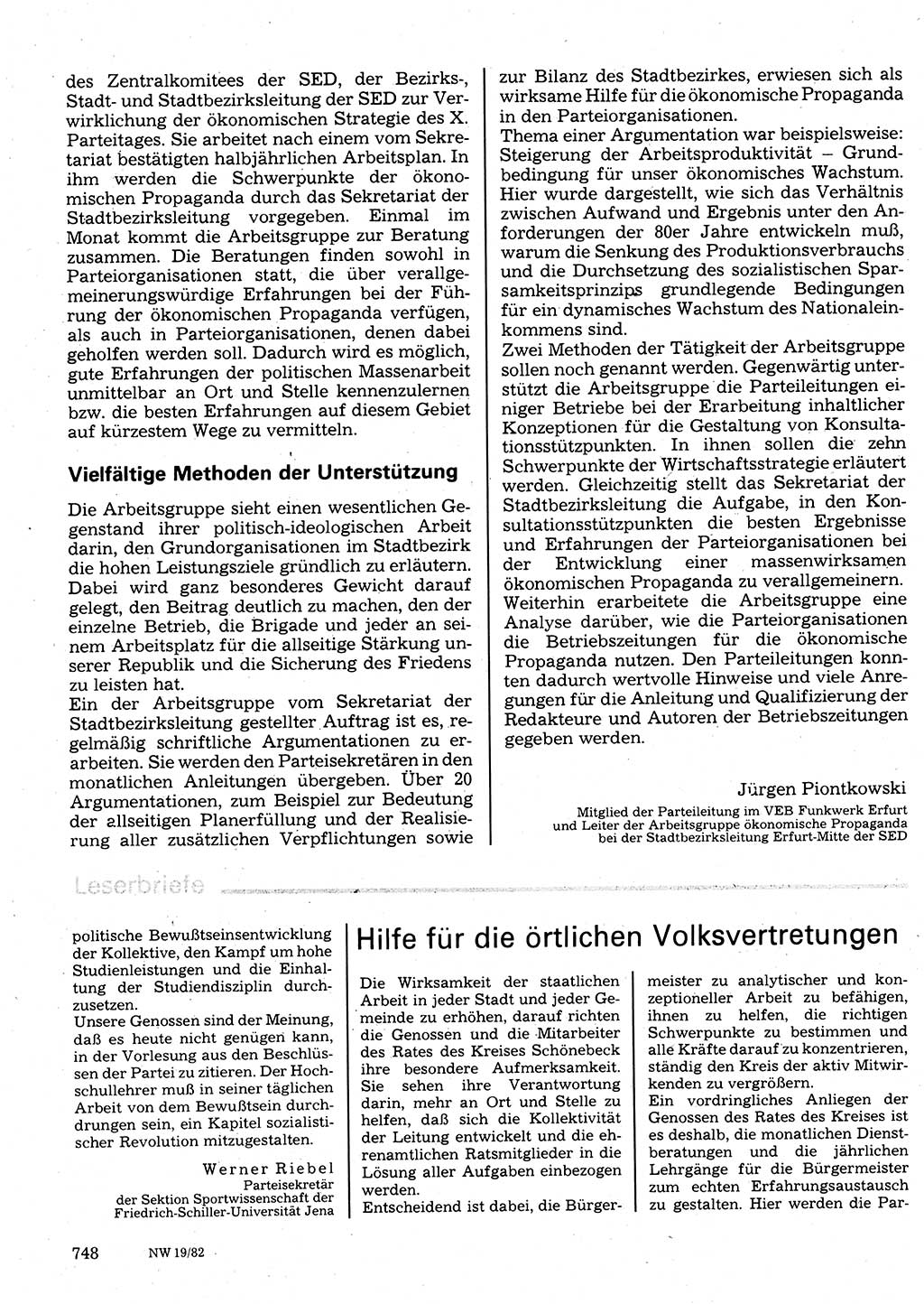 Neuer Weg (NW), Organ des Zentralkomitees (ZK) der SED (Sozialistische Einheitspartei Deutschlands) für Fragen des Parteilebens, 37. Jahrgang [Deutsche Demokratische Republik (DDR)] 1982, Seite 748 (NW ZK SED DDR 1982, S. 748)