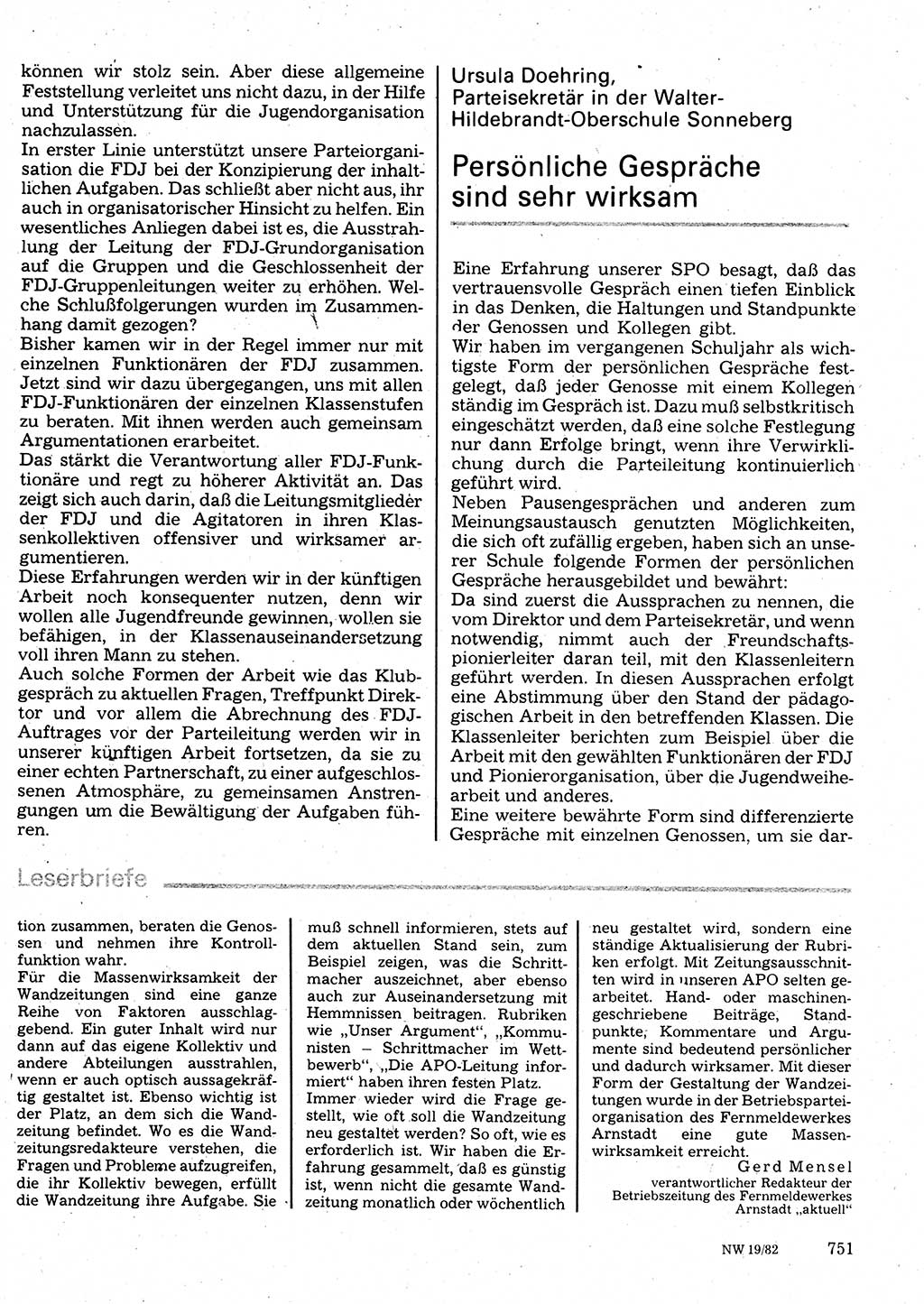 Neuer Weg (NW), Organ des Zentralkomitees (ZK) der SED (Sozialistische Einheitspartei Deutschlands) für Fragen des Parteilebens, 37. Jahrgang [Deutsche Demokratische Republik (DDR)] 1982, Seite 751 (NW ZK SED DDR 1982, S. 751)