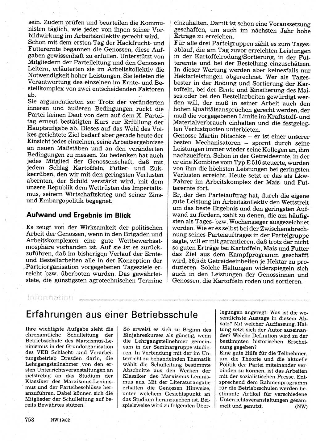 Neuer Weg (NW), Organ des Zentralkomitees (ZK) der SED (Sozialistische Einheitspartei Deutschlands) für Fragen des Parteilebens, 37. Jahrgang [Deutsche Demokratische Republik (DDR)] 1982, Seite 758 (NW ZK SED DDR 1982, S. 758)