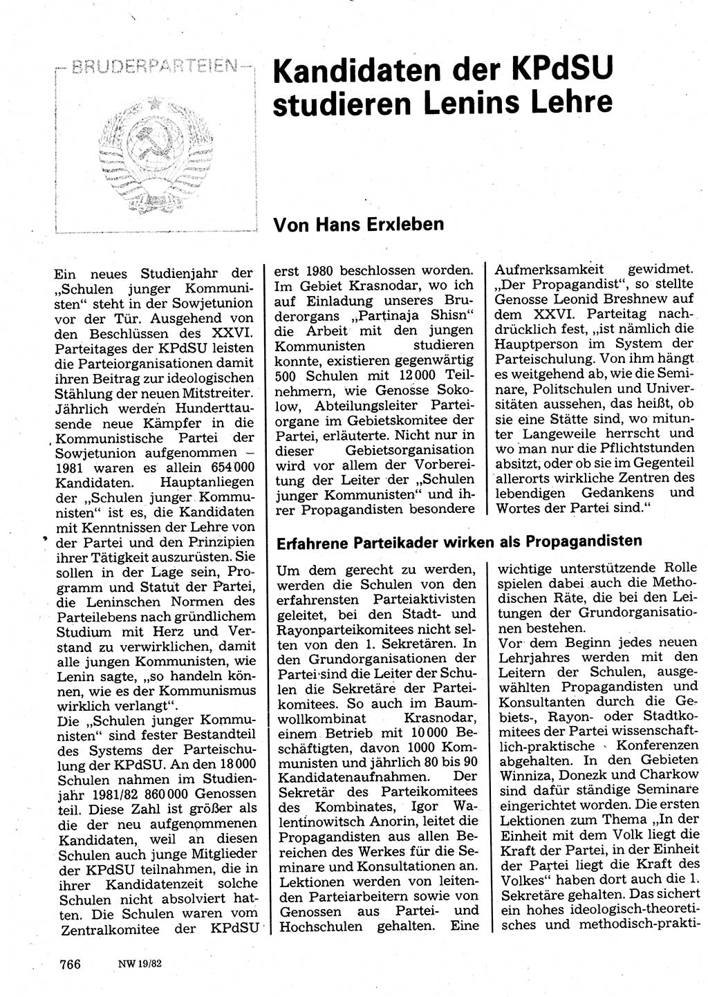 Neuer Weg (NW), Organ des Zentralkomitees (ZK) der SED (Sozialistische Einheitspartei Deutschlands) für Fragen des Parteilebens, 37. Jahrgang [Deutsche Demokratische Republik (DDR)] 1982, Seite 766 (NW ZK SED DDR 1982, S. 766)