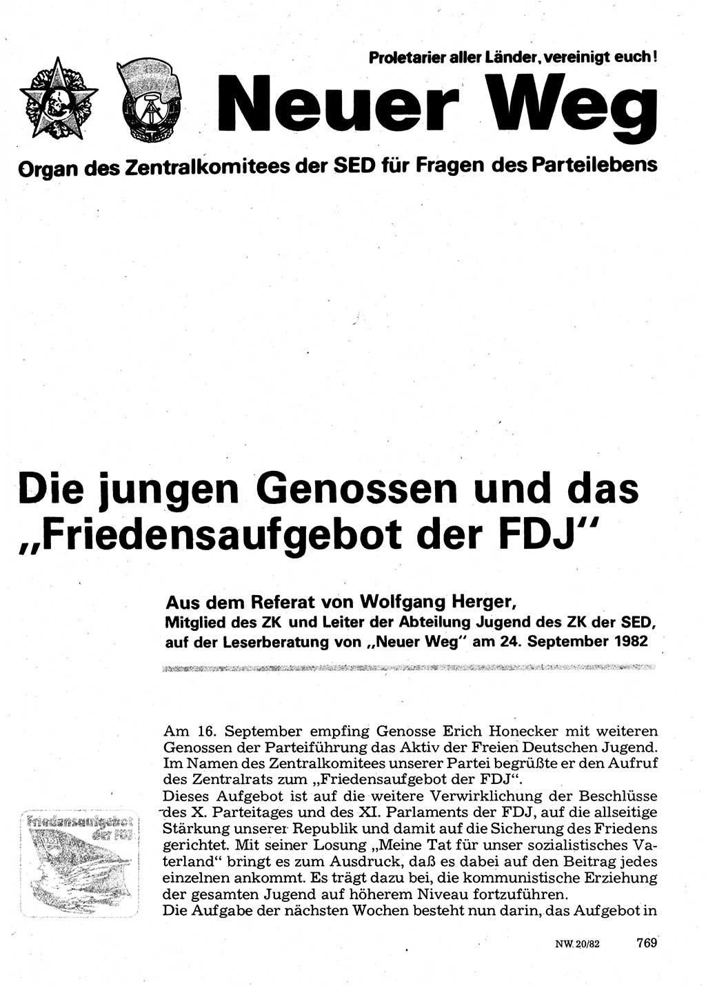 Neuer Weg (NW), Organ des Zentralkomitees (ZK) der SED (Sozialistische Einheitspartei Deutschlands) für Fragen des Parteilebens, 37. Jahrgang [Deutsche Demokratische Republik (DDR)] 1982, Seite 769 (NW ZK SED DDR 1982, S. 769)