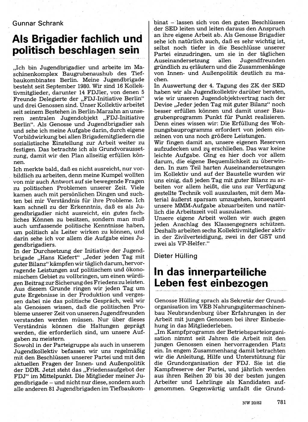 Neuer Weg (NW), Organ des Zentralkomitees (ZK) der SED (Sozialistische Einheitspartei Deutschlands) für Fragen des Parteilebens, 37. Jahrgang [Deutsche Demokratische Republik (DDR)] 1982, Seite 781 (NW ZK SED DDR 1982, S. 781)