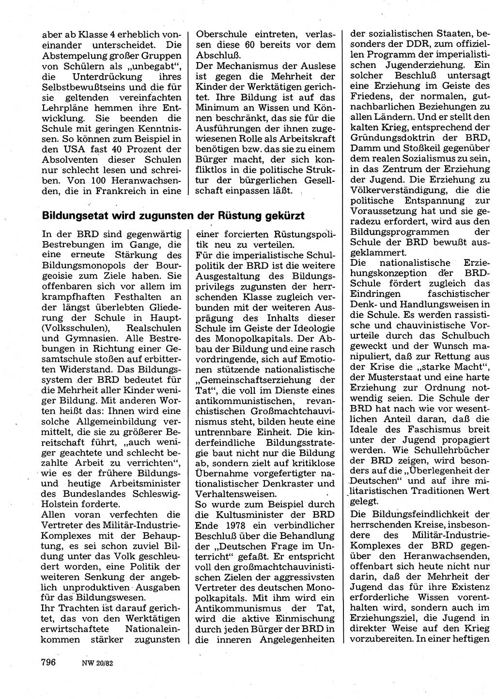 Neuer Weg (NW), Organ des Zentralkomitees (ZK) der SED (Sozialistische Einheitspartei Deutschlands) für Fragen des Parteilebens, 37. Jahrgang [Deutsche Demokratische Republik (DDR)] 1982, Seite 796 (NW ZK SED DDR 1982, S. 796)
