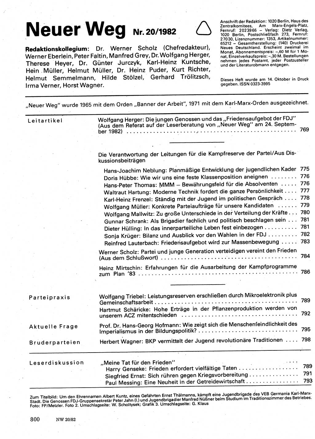 Neuer Weg (NW), Organ des Zentralkomitees (ZK) der SED (Sozialistische Einheitspartei Deutschlands) für Fragen des Parteilebens, 37. Jahrgang [Deutsche Demokratische Republik (DDR)] 1982, Seite 800 (NW ZK SED DDR 1982, S. 800)