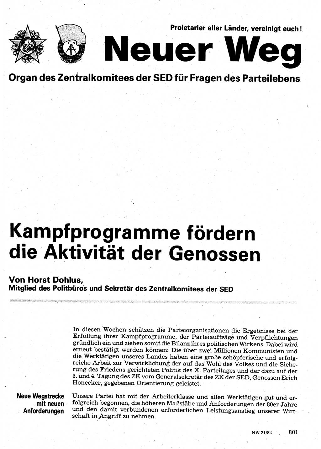 Neuer Weg (NW), Organ des Zentralkomitees (ZK) der SED (Sozialistische Einheitspartei Deutschlands) für Fragen des Parteilebens, 37. Jahrgang [Deutsche Demokratische Republik (DDR)] 1982, Seite 801 (NW ZK SED DDR 1982, S. 801)