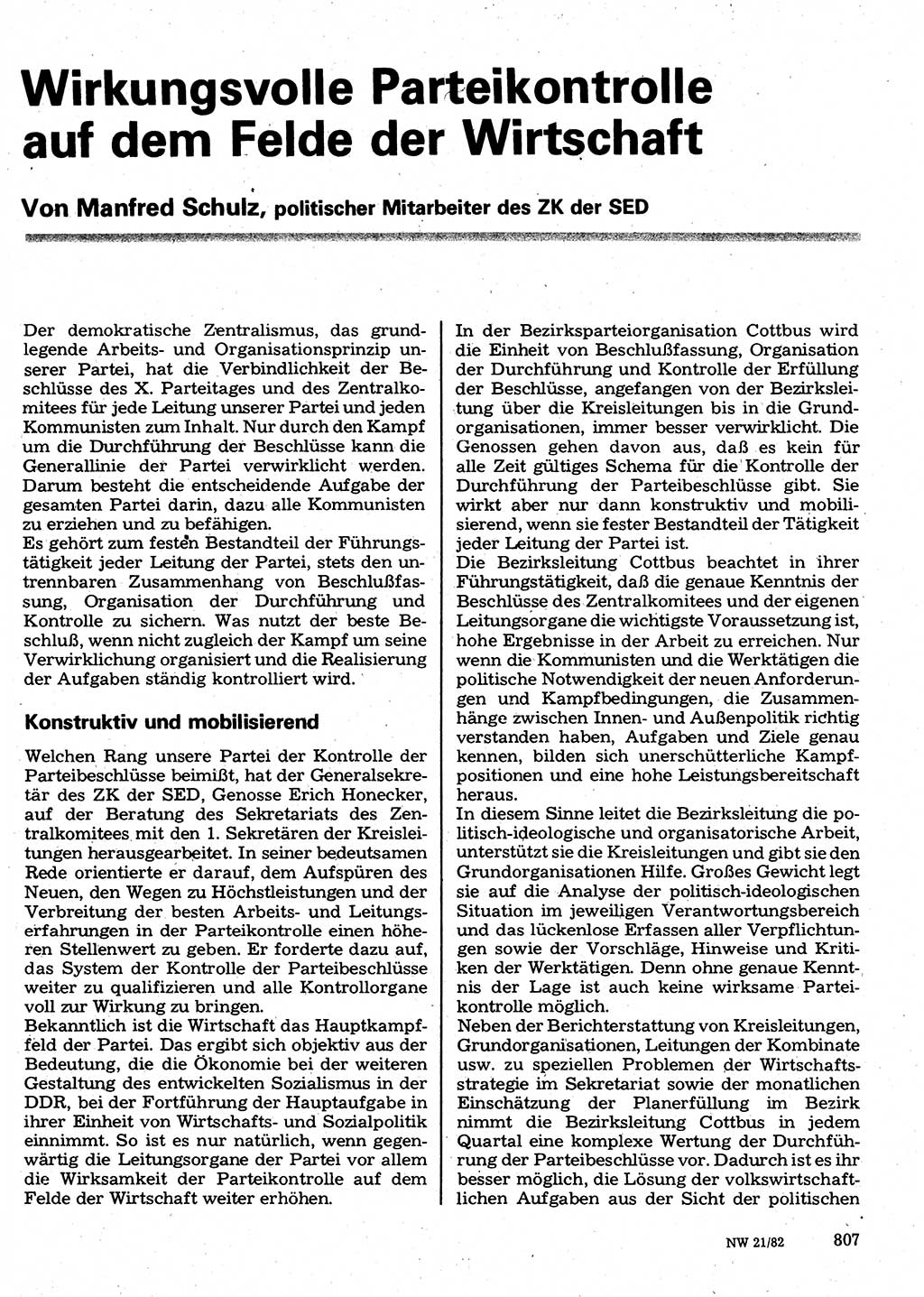 Neuer Weg (NW), Organ des Zentralkomitees (ZK) der SED (Sozialistische Einheitspartei Deutschlands) für Fragen des Parteilebens, 37. Jahrgang [Deutsche Demokratische Republik (DDR)] 1982, Seite 807 (NW ZK SED DDR 1982, S. 807)